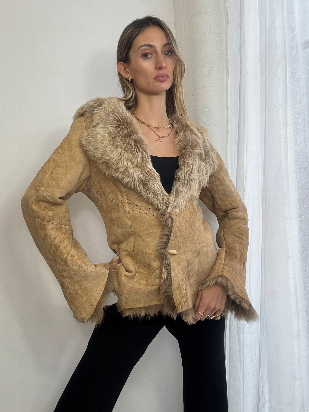 Vintage Y2K suede sheepskin hooded coat