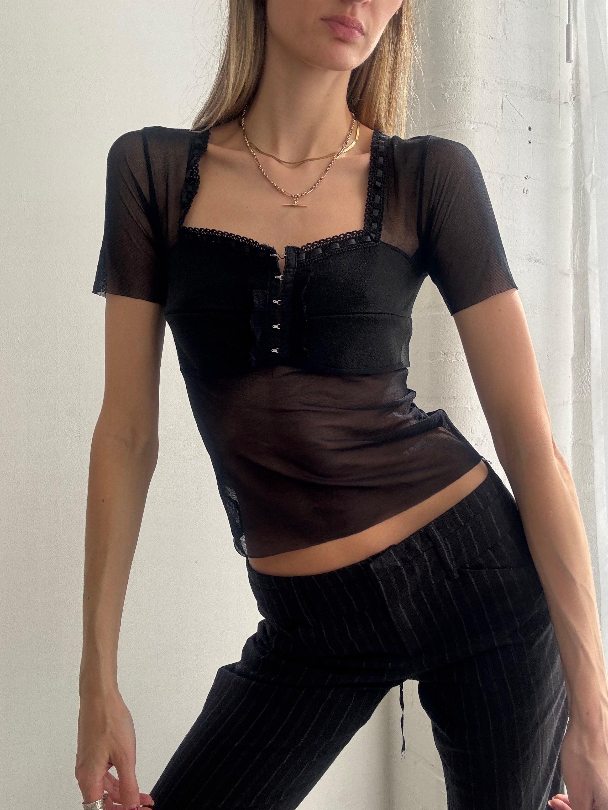 Vintage Y2K black sheer mesh corset top