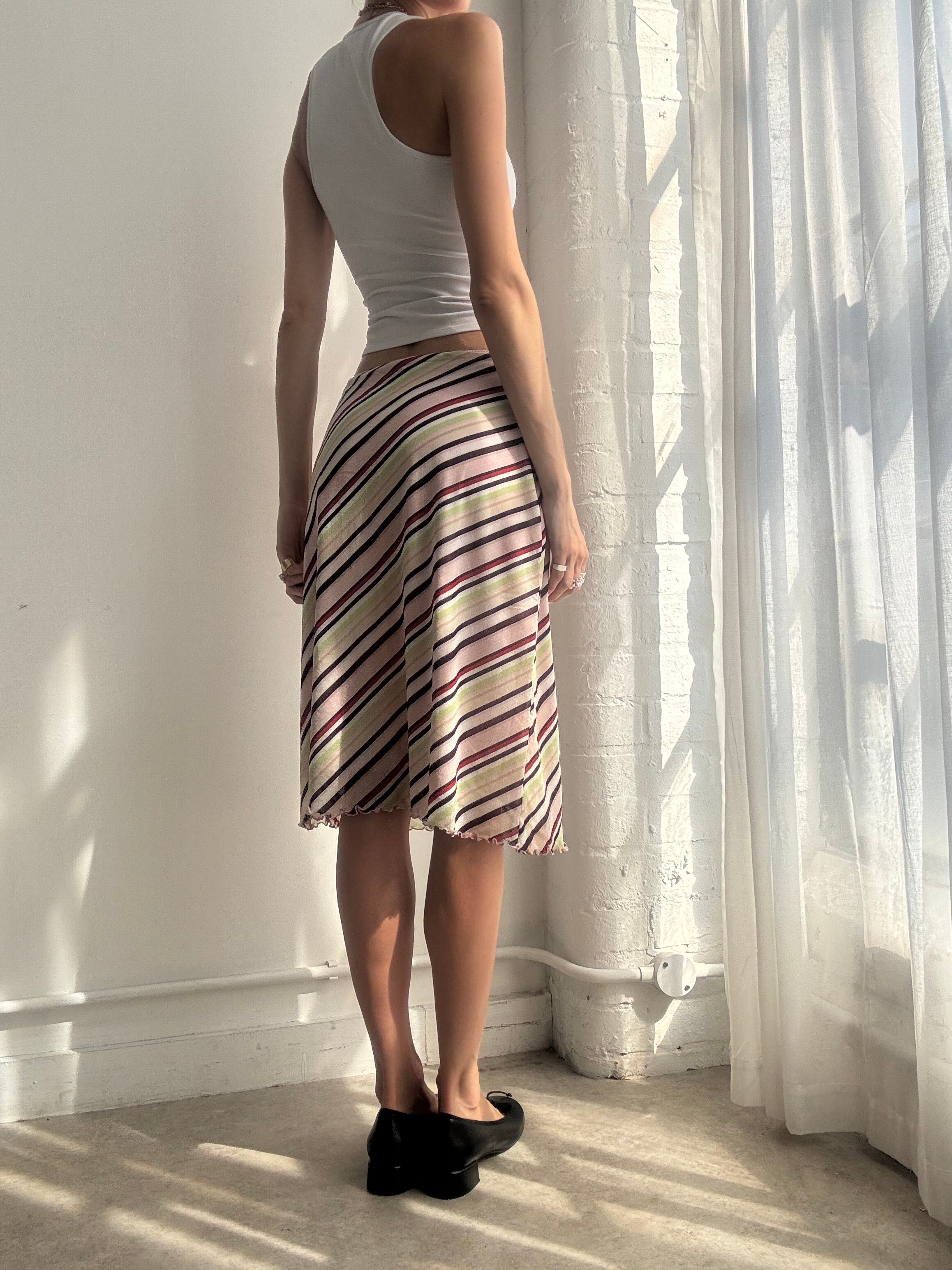 Vintage Y2K Multicolour Stripe Mesh Midi Skirt - Size M/L
