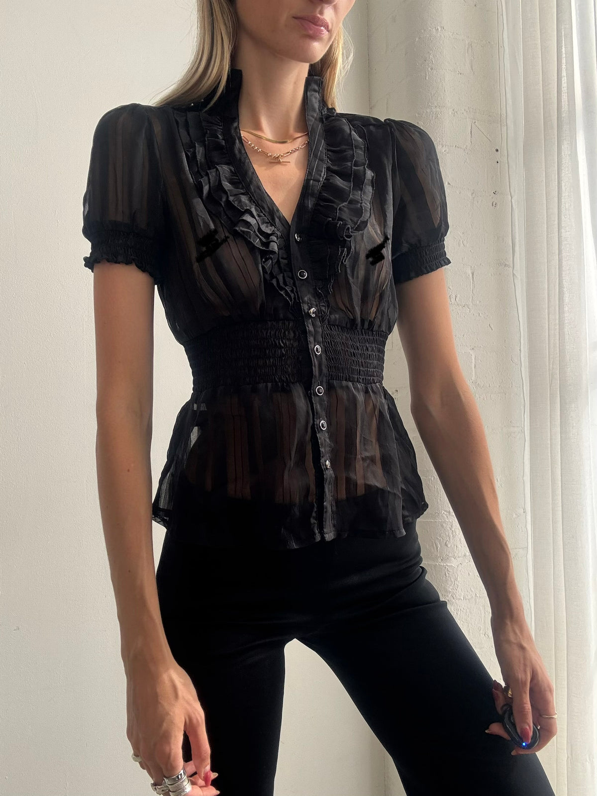 Vintage Y2K Black Sheer Ruffle Blouse - Size S