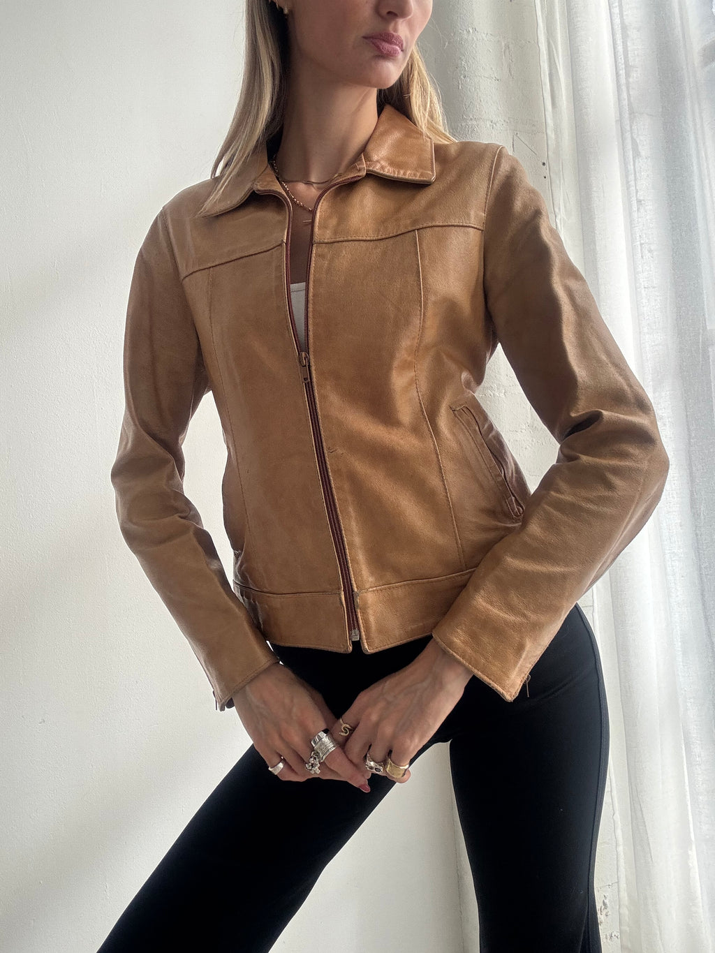Vintage Y2K Tan Brown Leather Zip Up Jacket - Size S