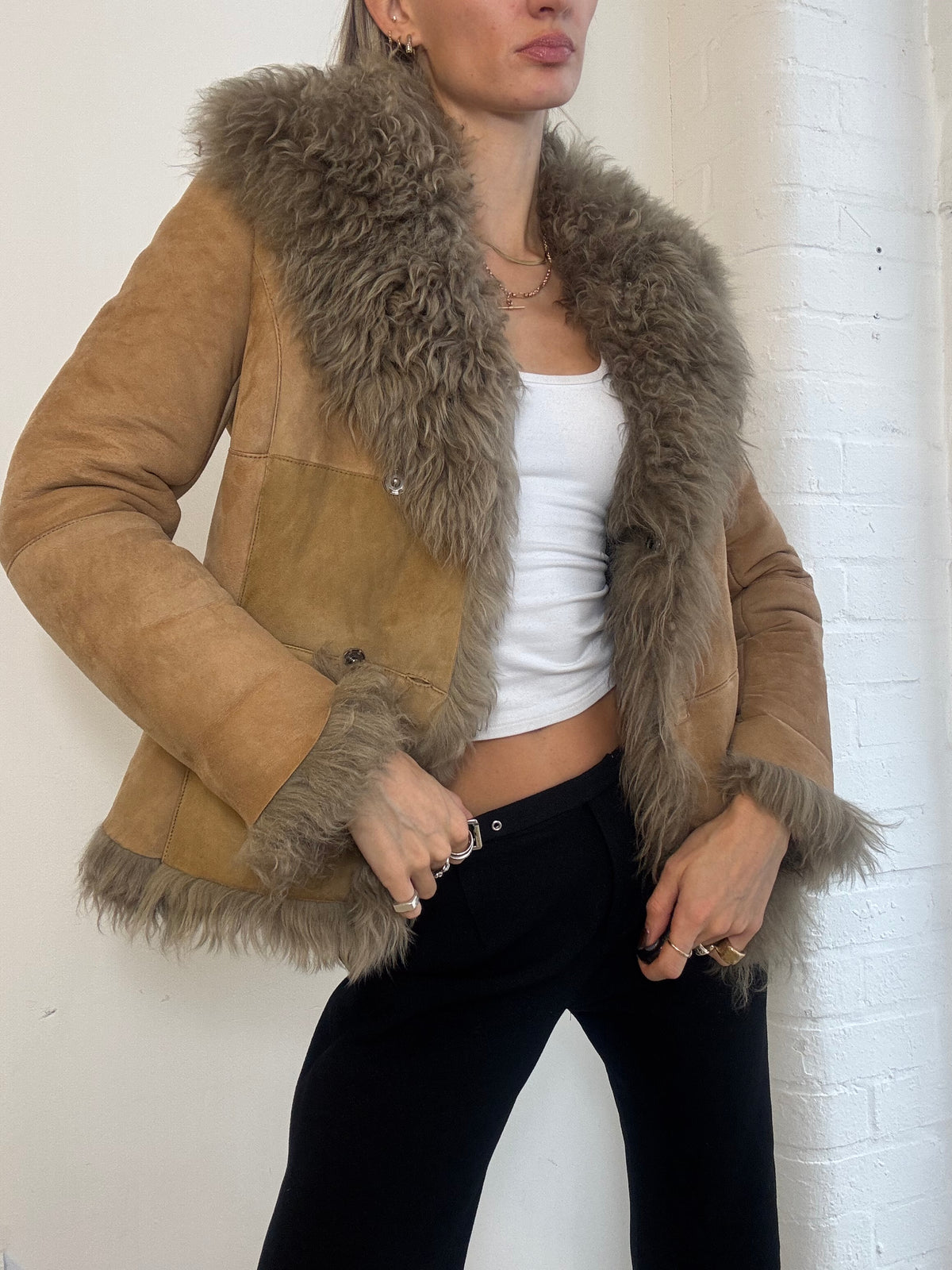 Vintage Y2K Tan Suede & Shaggy Shearling Trim Penny Lane Jacket - Size XS