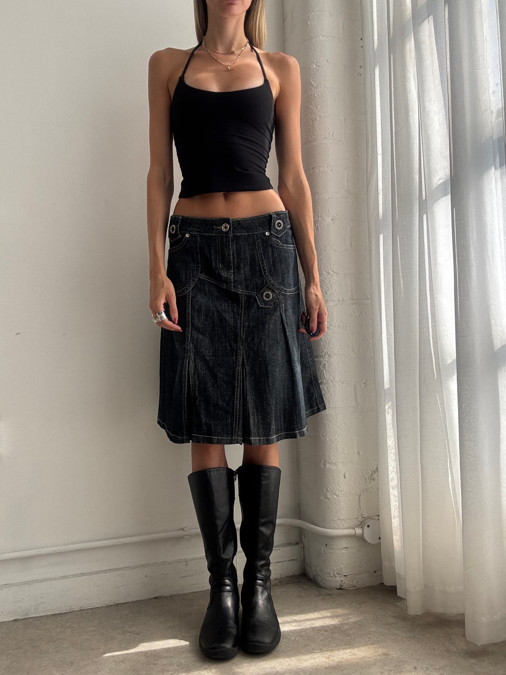 Vintage y2k Black Low Rise Denim Utility Midi Skirt - Size M
