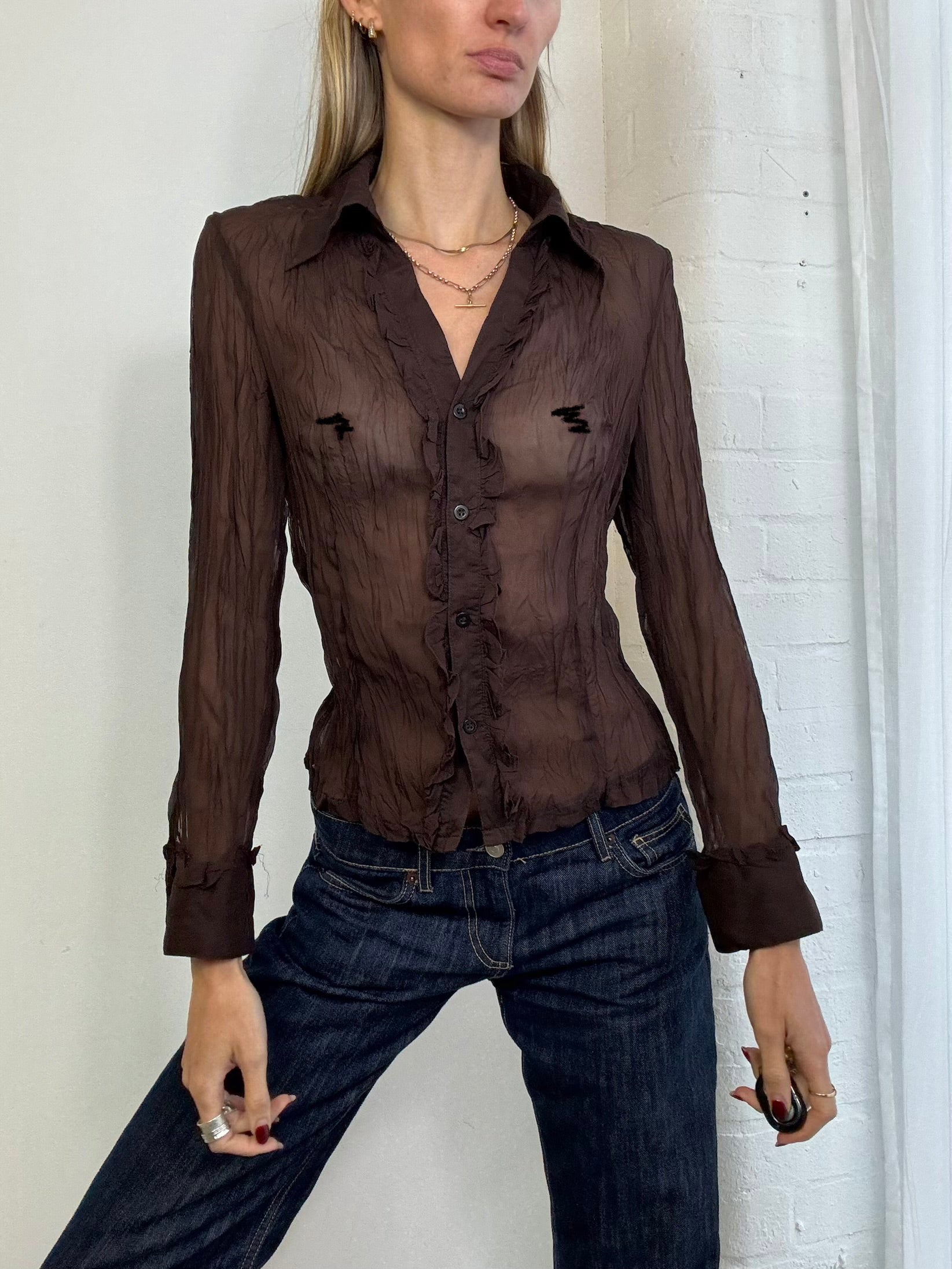 Vintage Y2K brown sheer mesh ruffle shirt