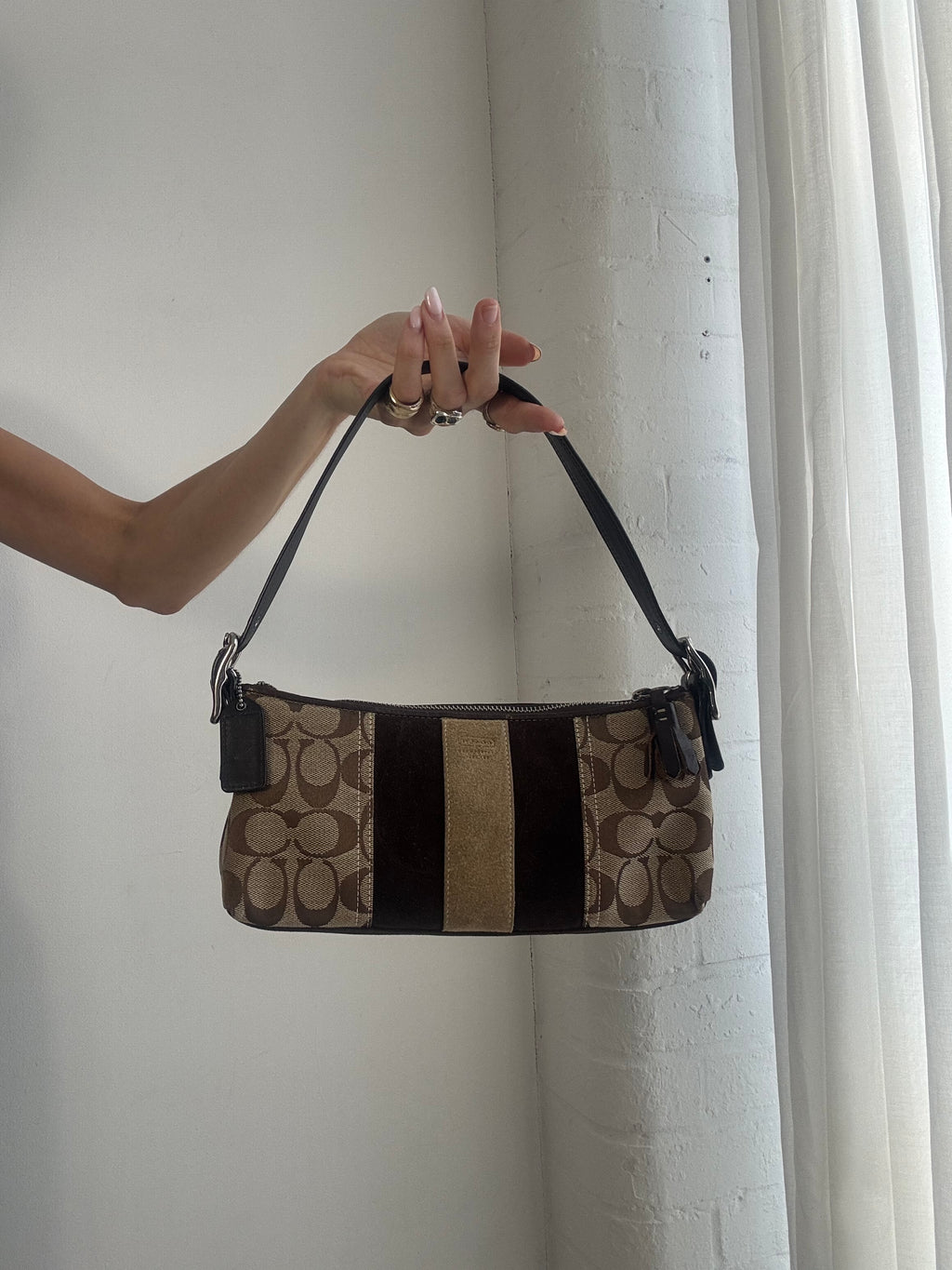 Vintage Y2K Coach East West Shoulder Bag – Brown Monogram Stripe Baguette Bag