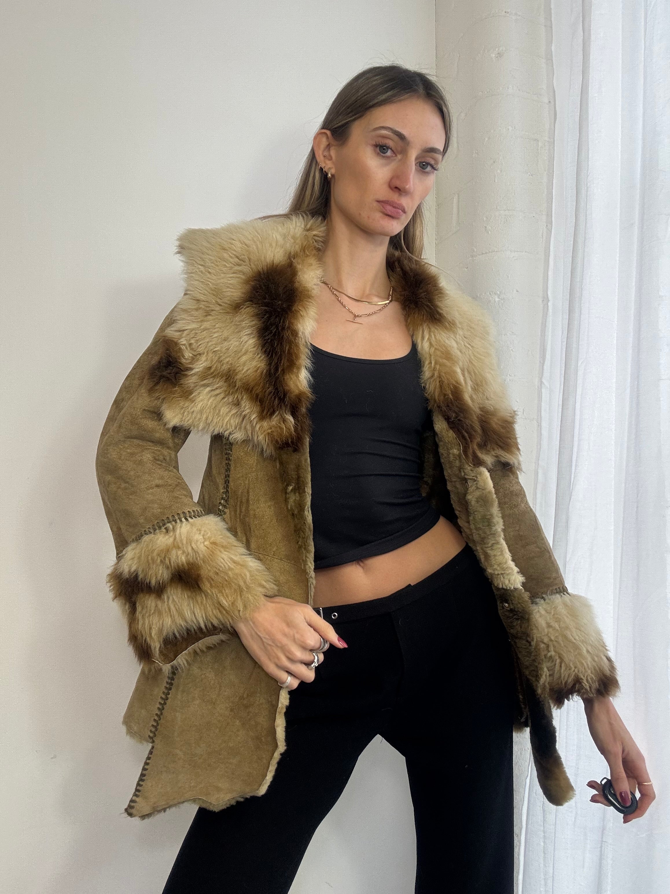 Vintage Y2K brown suede & shearling fur Afghan coat