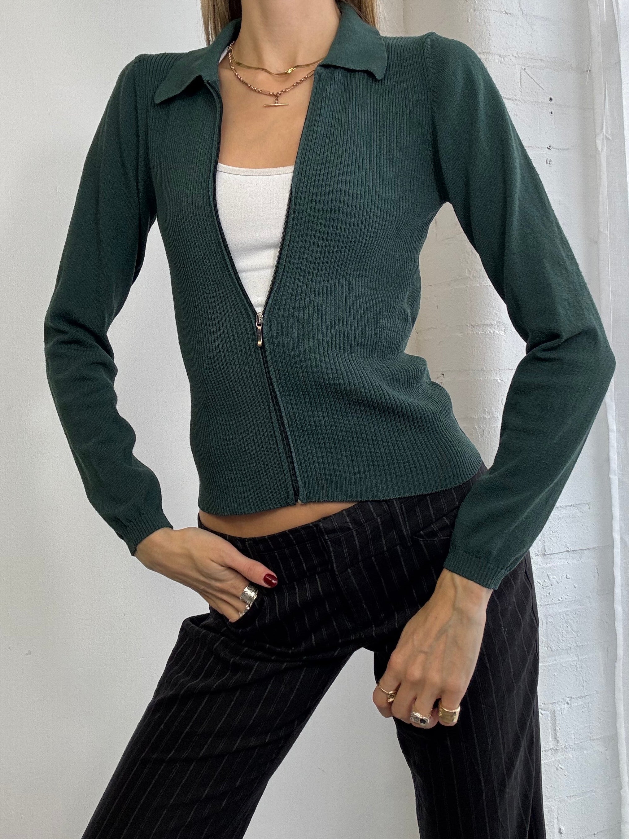 Vintage Y2K zip up ribbed jumper green