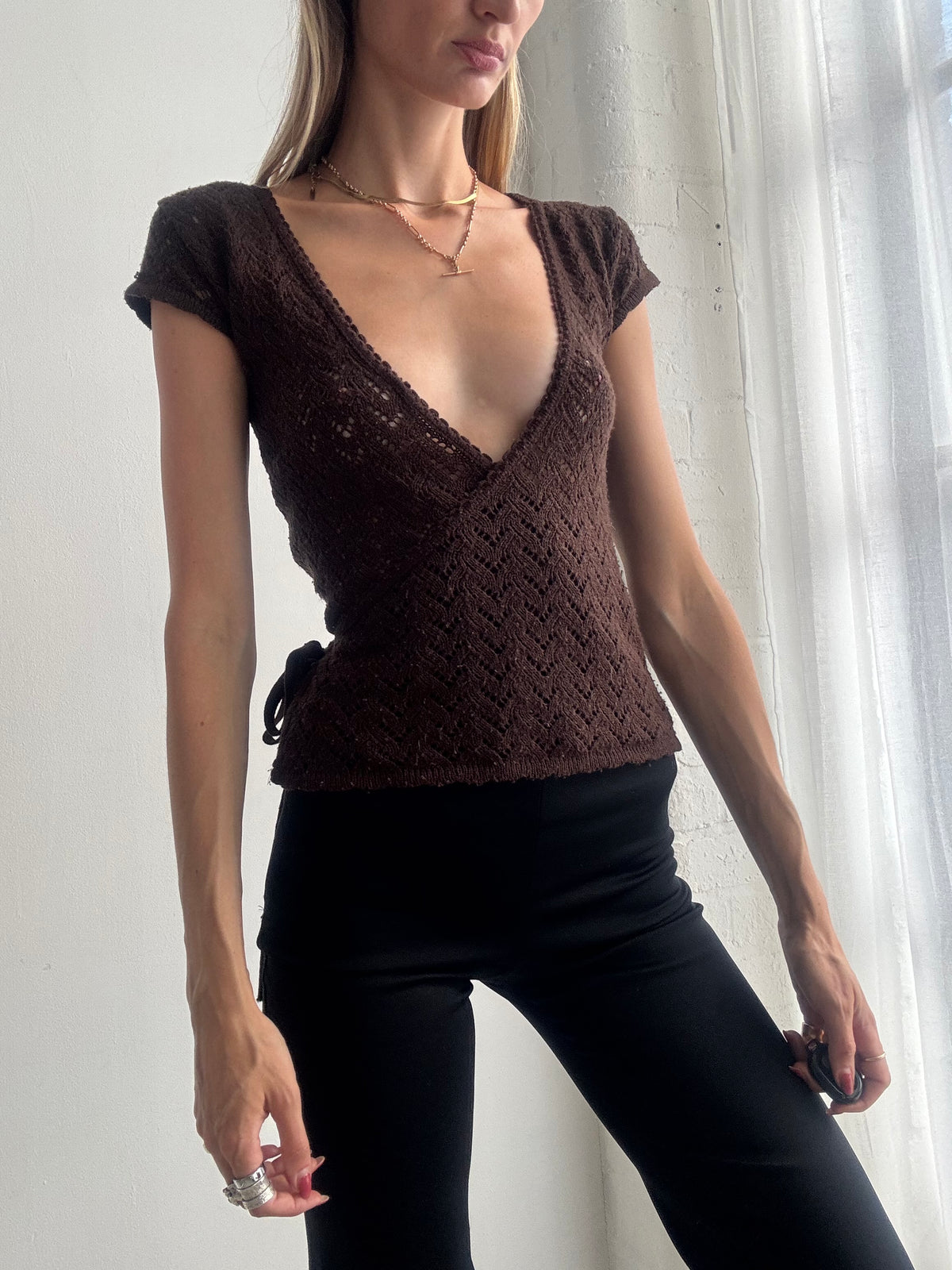 Vintage Y2K Chocolate Brown Deep V Neck Crochet Knit Wrap Top - Size XS/S