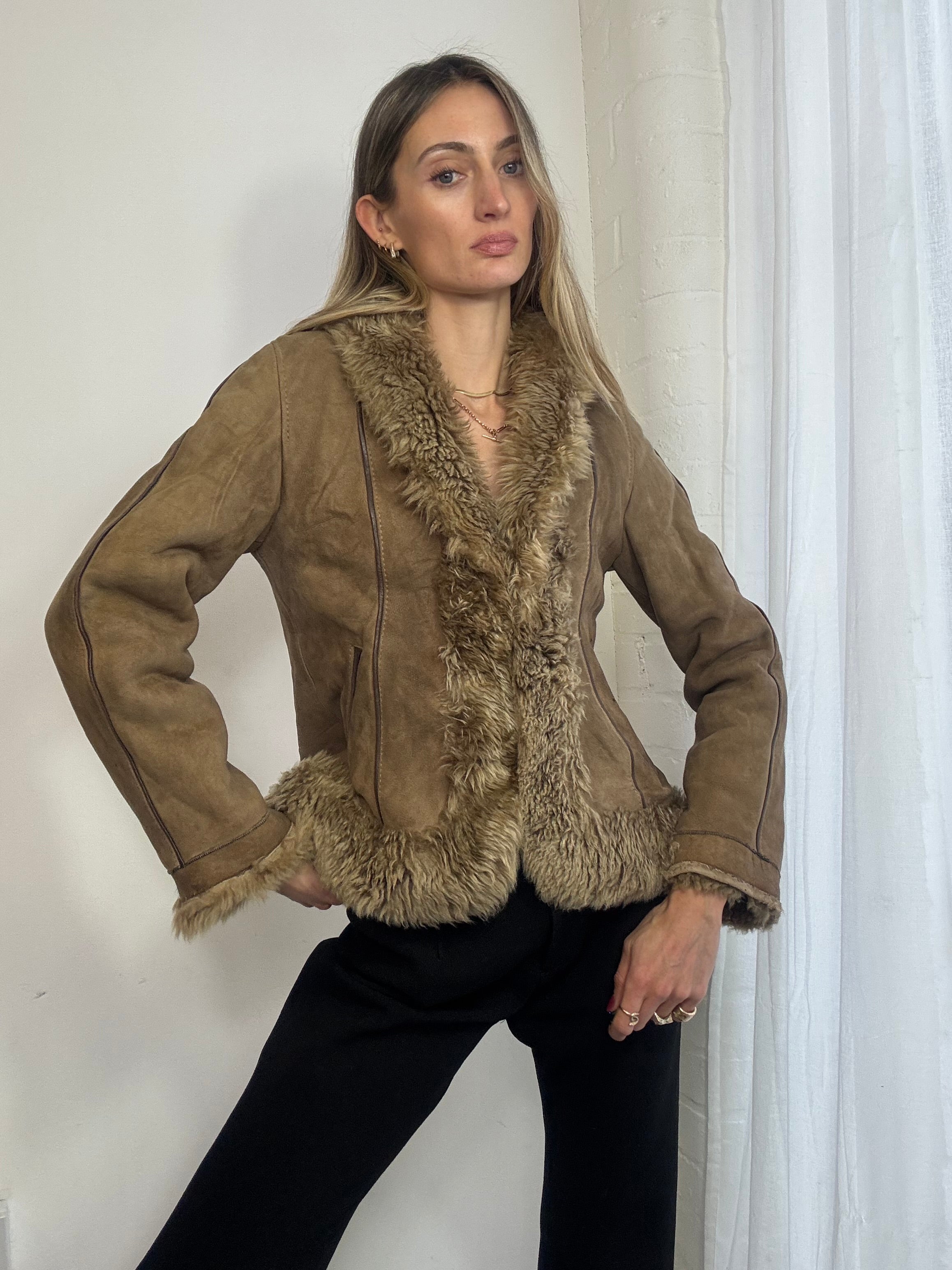 Vintage 90s brown suede sheepskin shearling coat