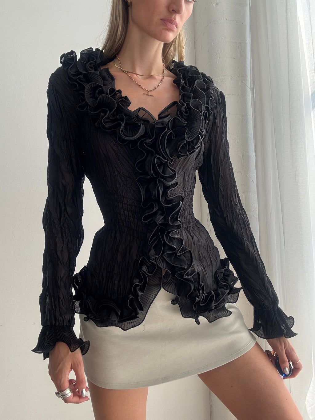 Vintage Y2K Black Ruffle Blouse – Sheer Crinkle Mesh Frill Long Sleeve Top - Size M