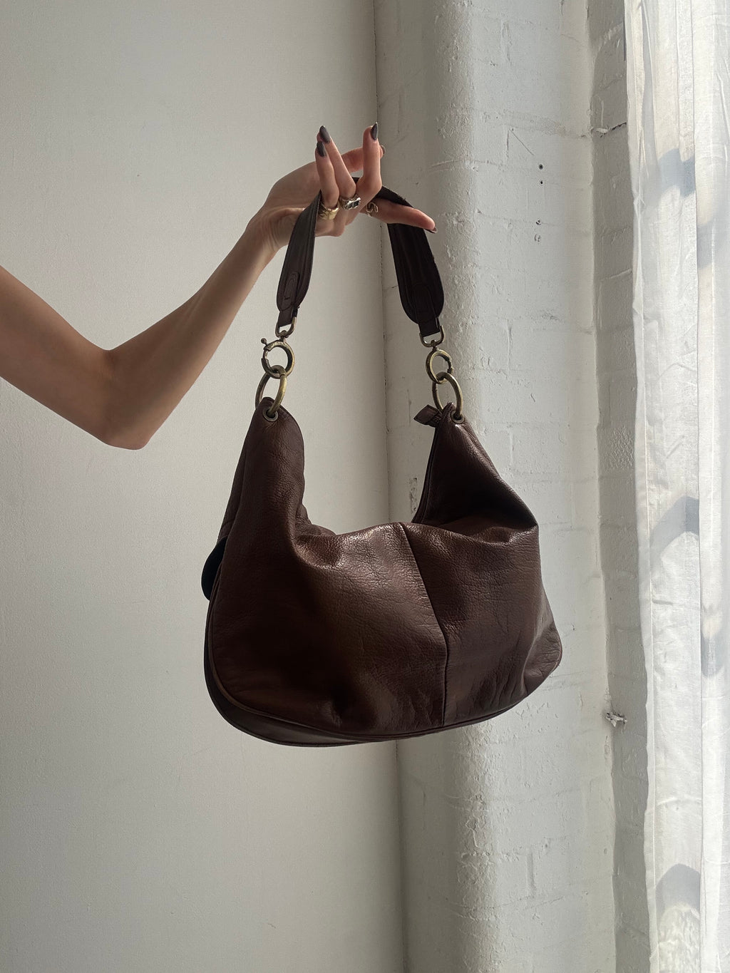 Vintage Y2K brown leather buckle slouchy shoulder bag