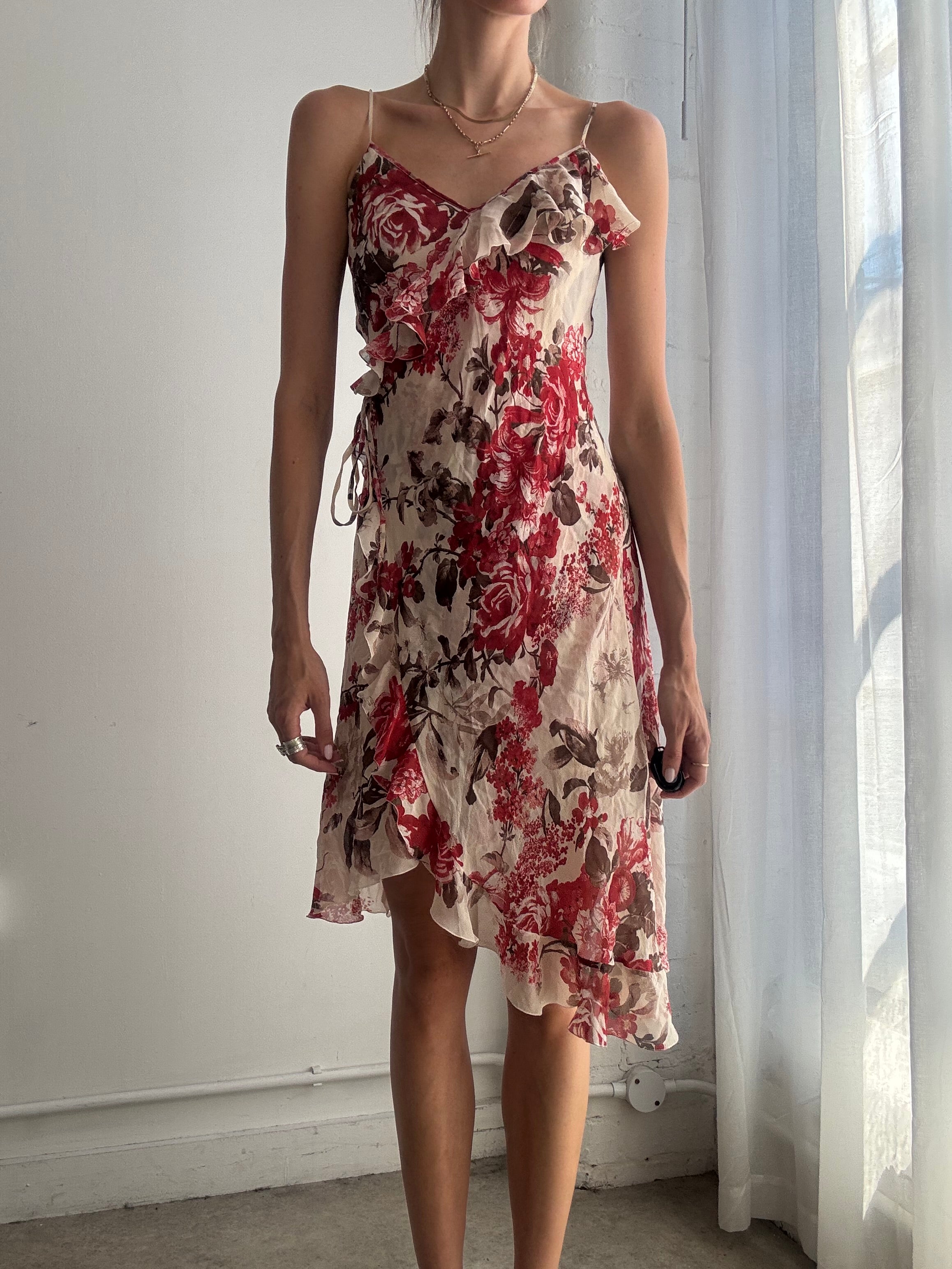Vintage Y2K Floral Silk Wrap Ruffle Asymmetric Slip Dress - Size S/M