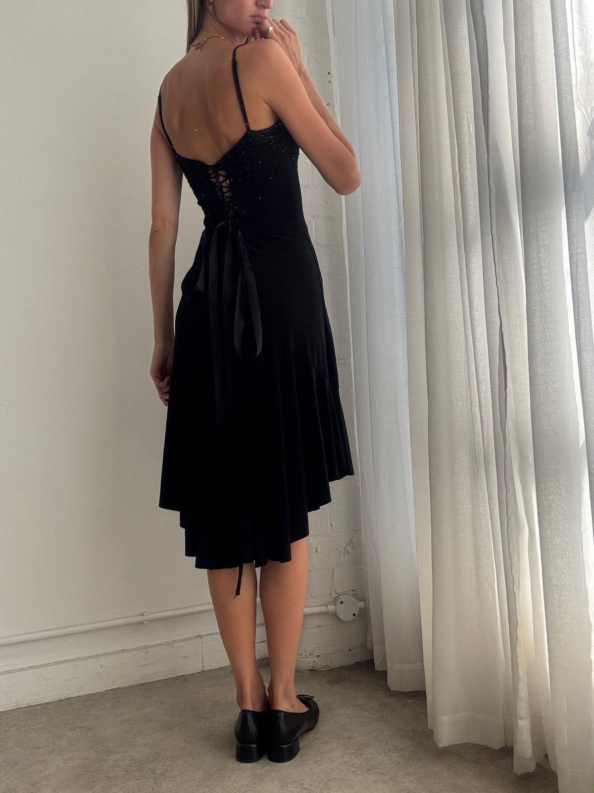 Vintage Y2K Black Asymmetric Beaded Strappy Midi Dress - Size XS/S