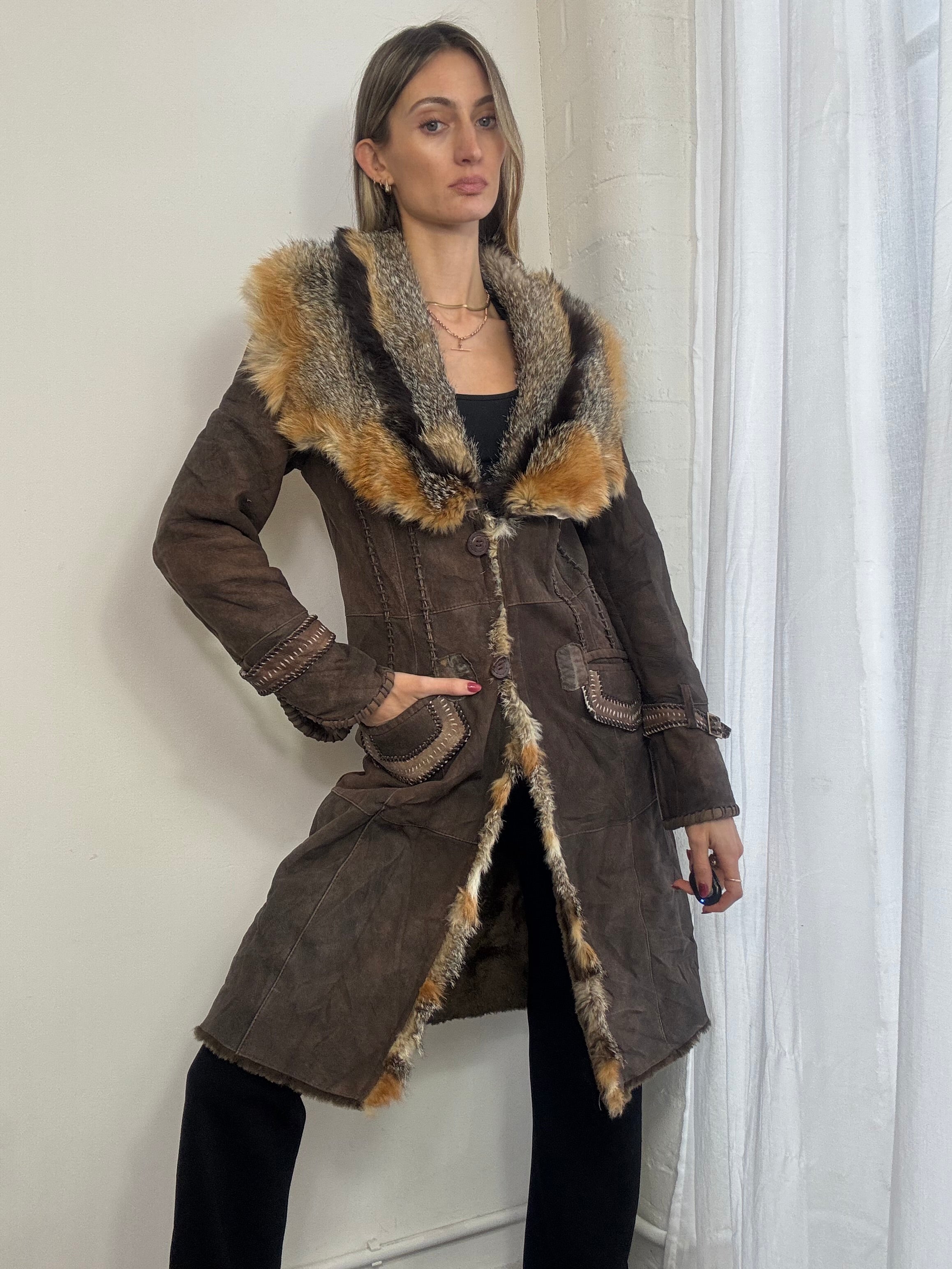 Vintage Y2K brown suede & fur trim coat