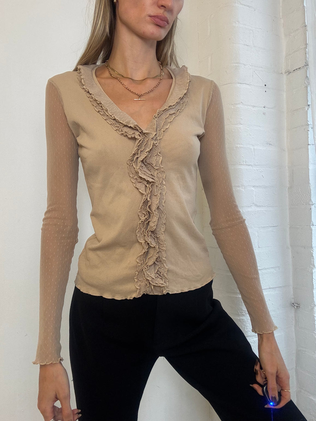Vintage Y2K Morgan De Toi Beige Ruffle Front Mesh Sleeve Top - Size S