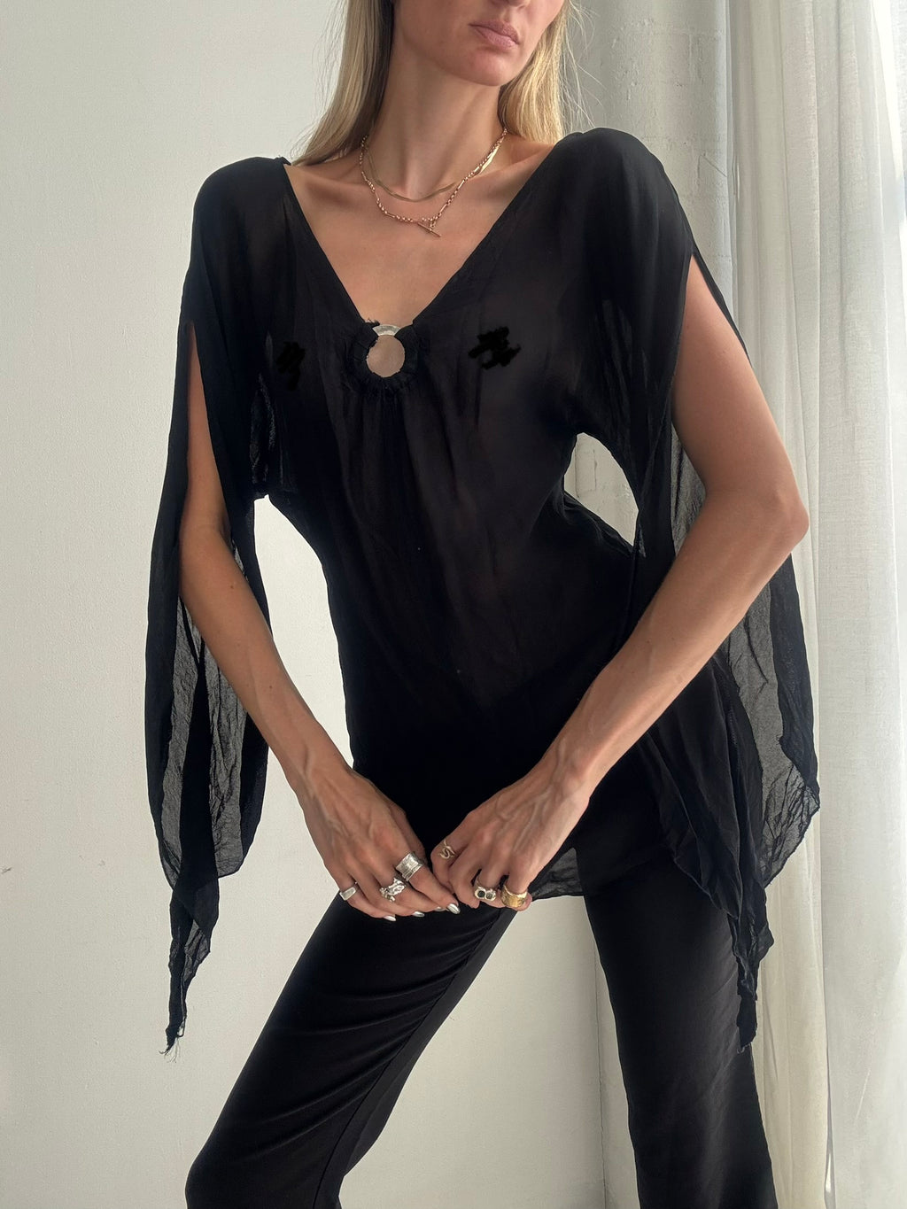 Vintage Y2K Black Sheer O-ring Top – Floaty Chiffon Long Sleeve Blouse - Size M