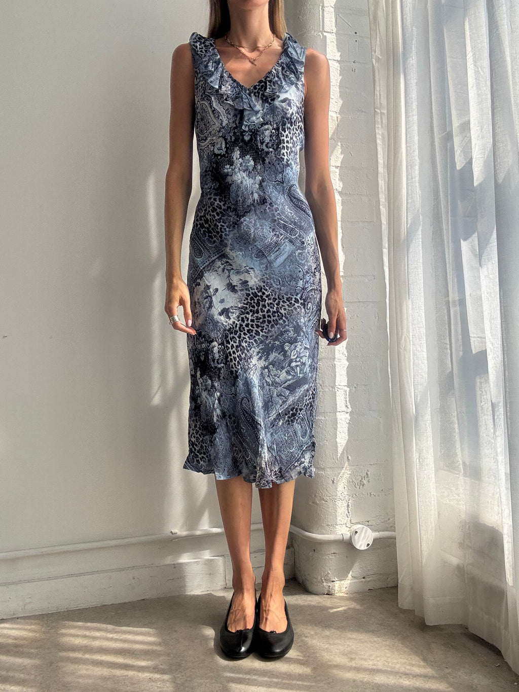 Vintage Y2K Blue Paisley Mesh Midi Dress - Size M