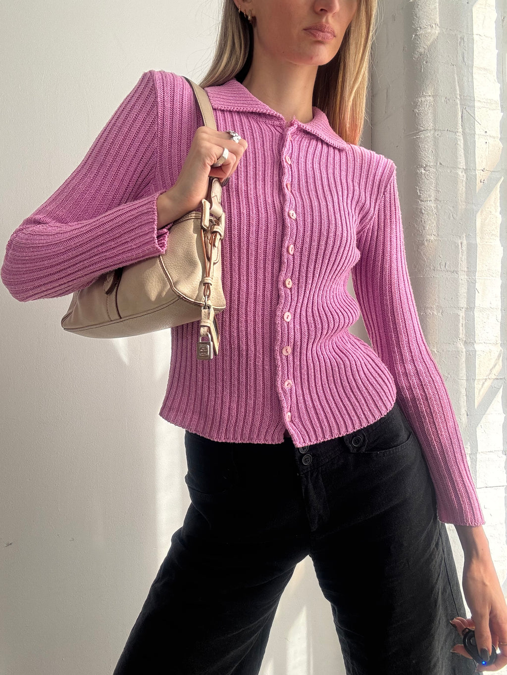 Vintage Y2K pink ribbed cardigan top - Size S