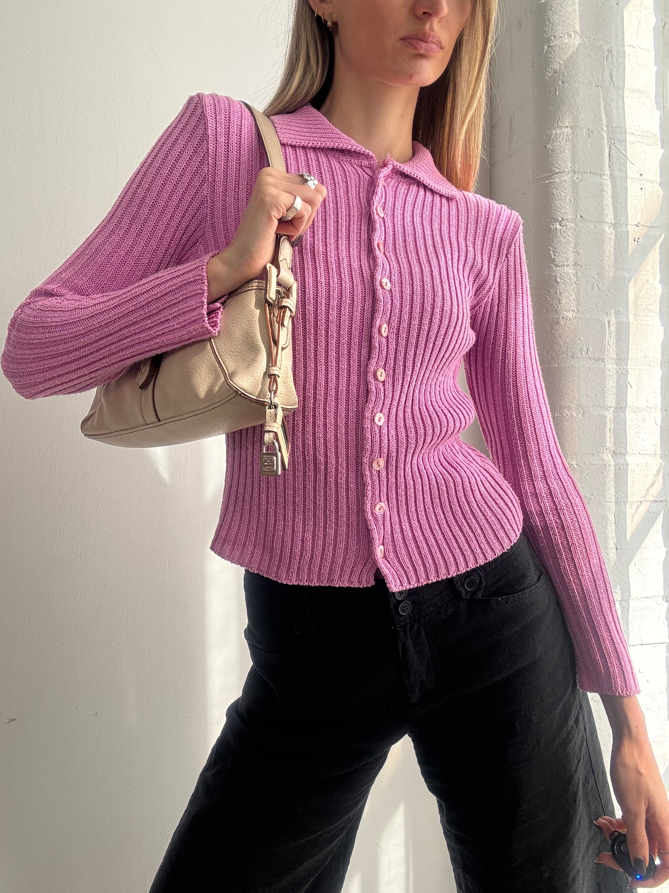 Vintage Y2K pink ribbed cardigan top - Size S