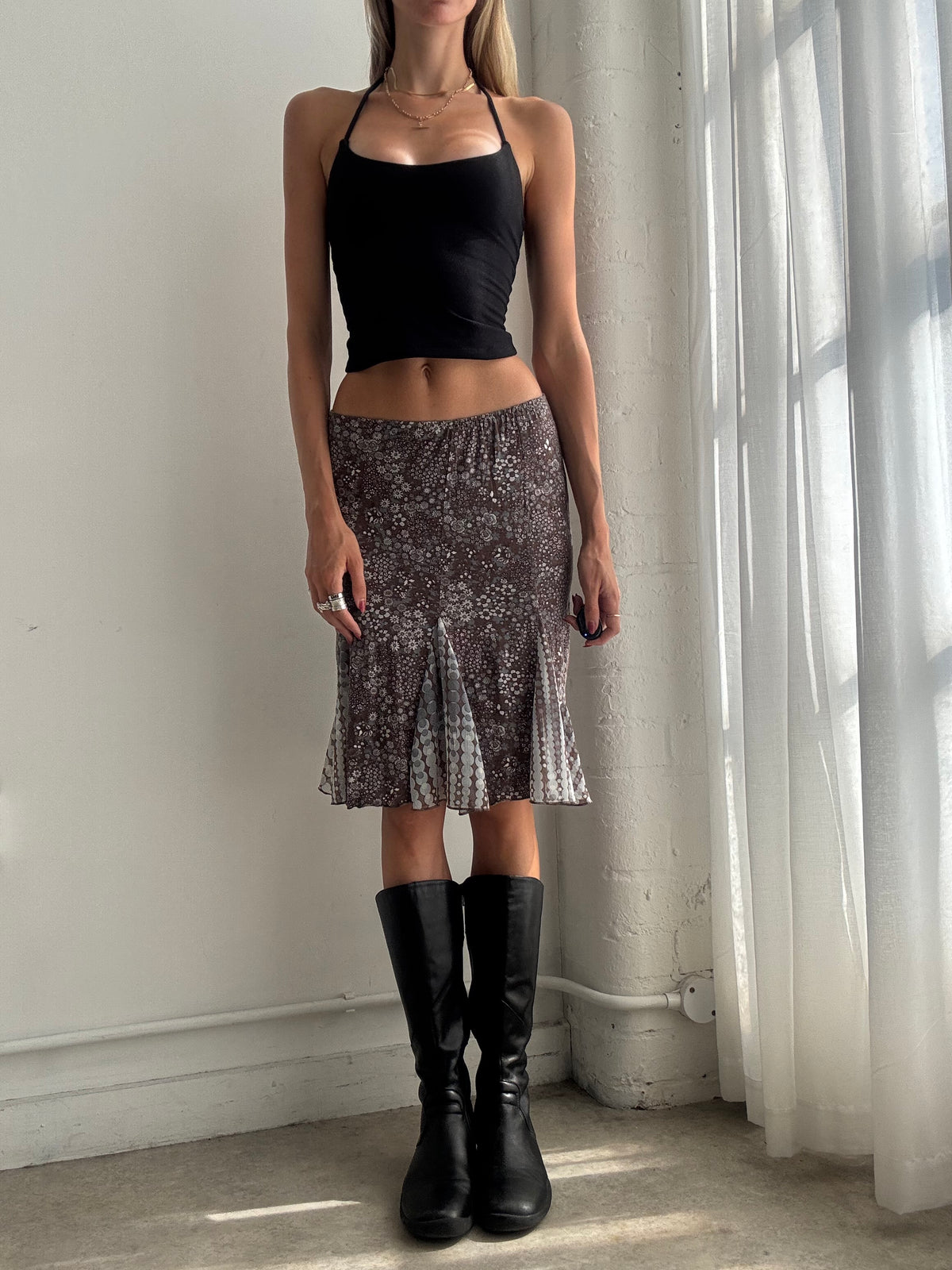Vintage Y2K Brown Floral Midi Skirt - Size XS/S
