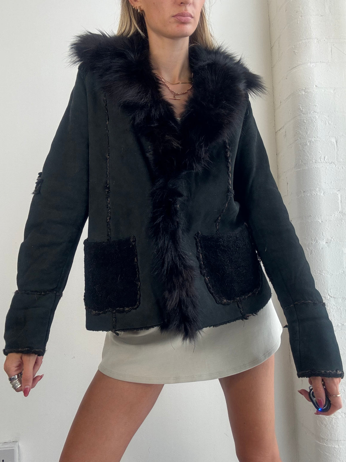 Vintage Y2K Black Real Fur Trim Afghan Jacket - Size S/M
