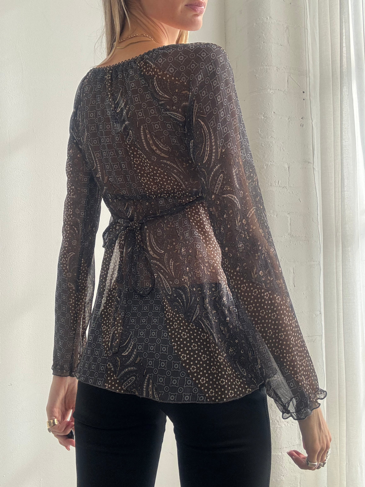 Vintage Y2K Brown Paisley Sheer Mesh Peasant Top - Size S