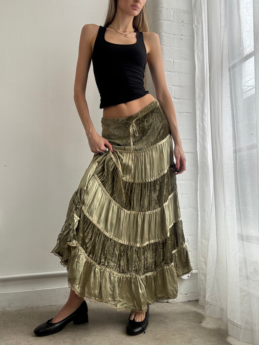 Vintage Y2K tiered olive green satin & velvet maxi skirt