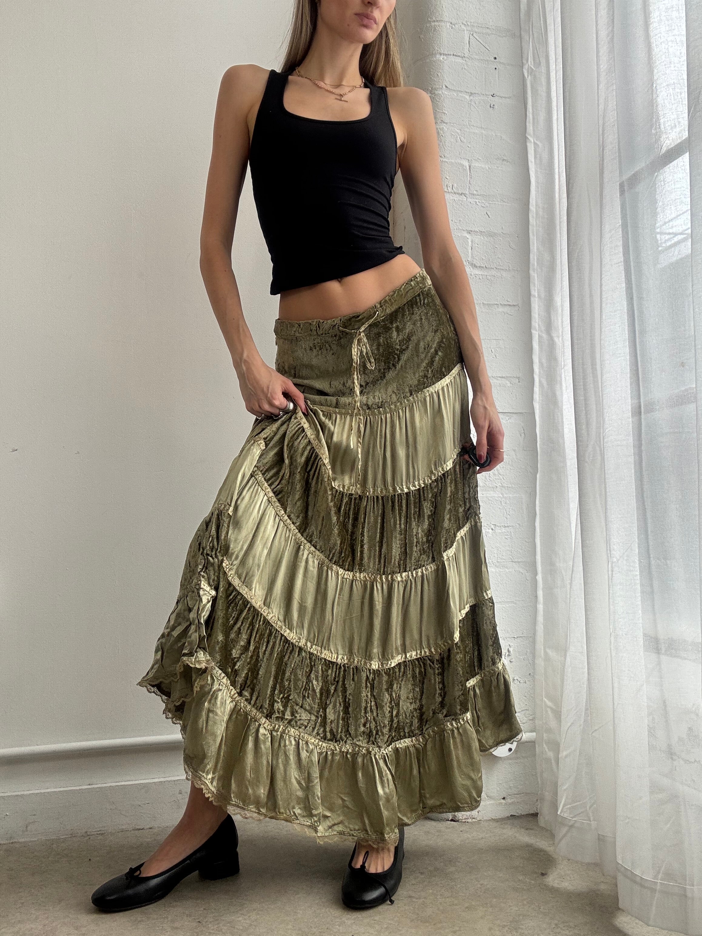 Vintage Y2K tiered olive green satin & velvet maxi skirt