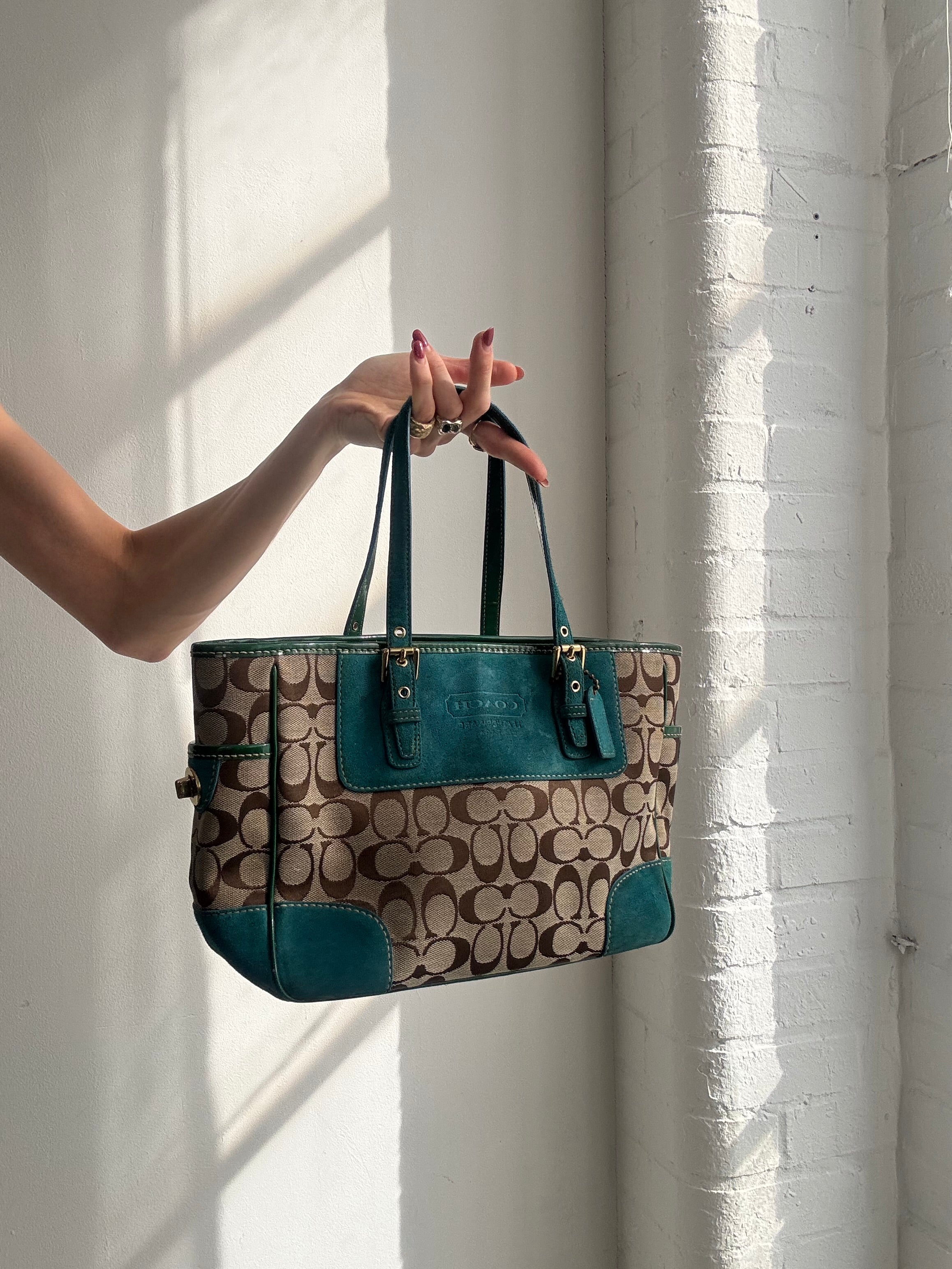 Vintage Y2K Coach monogram shoulder bag with teal suede