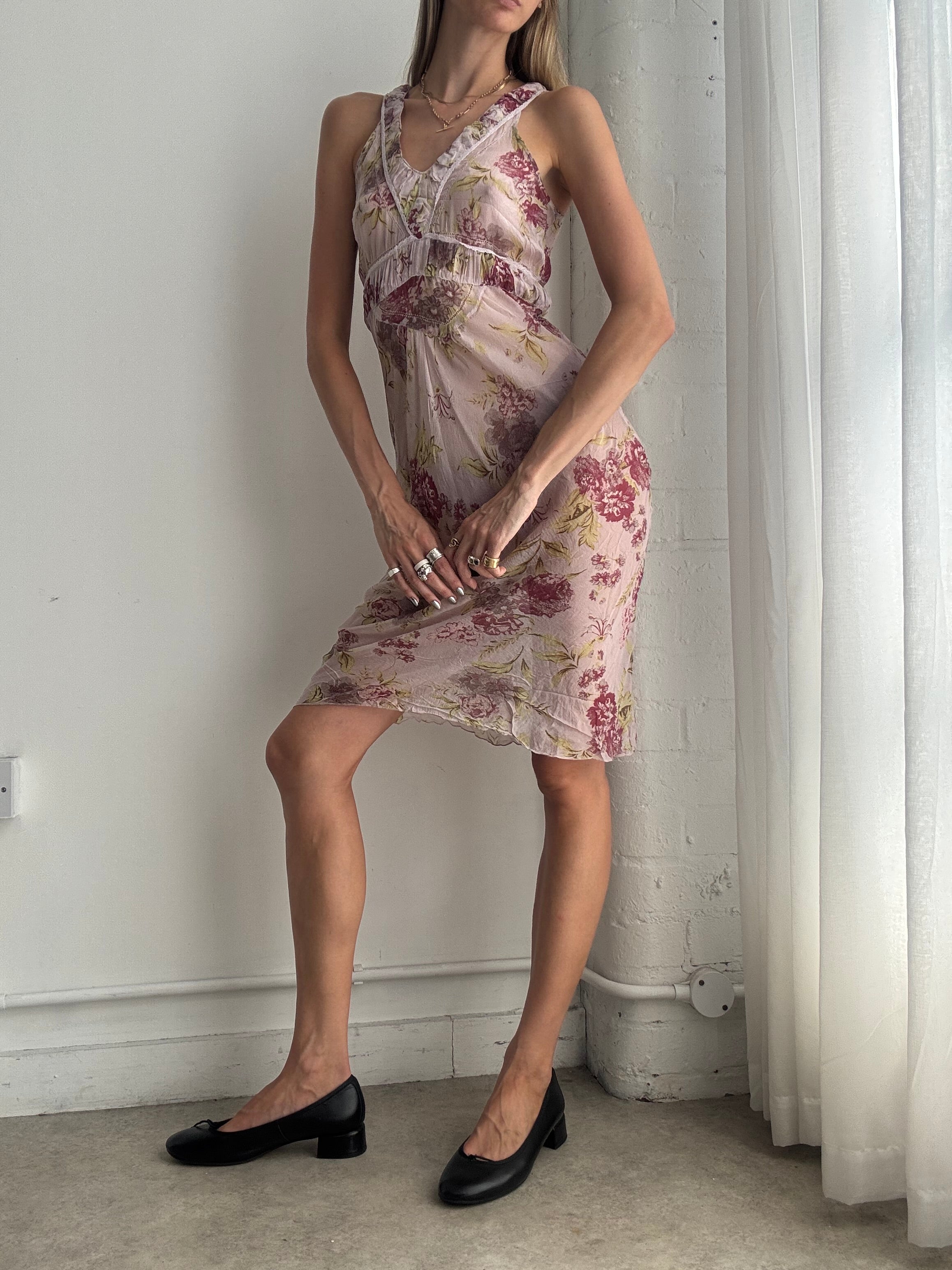 Vintage Y2K Pink Floral Sheer Ruched Midi Dress – Size S