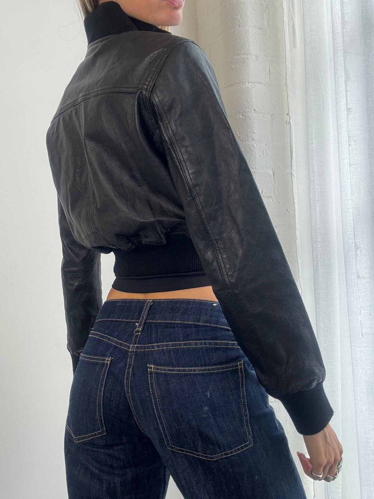 Vintage Y2K Black Leather Cropped Bomber Jacket - Size XS