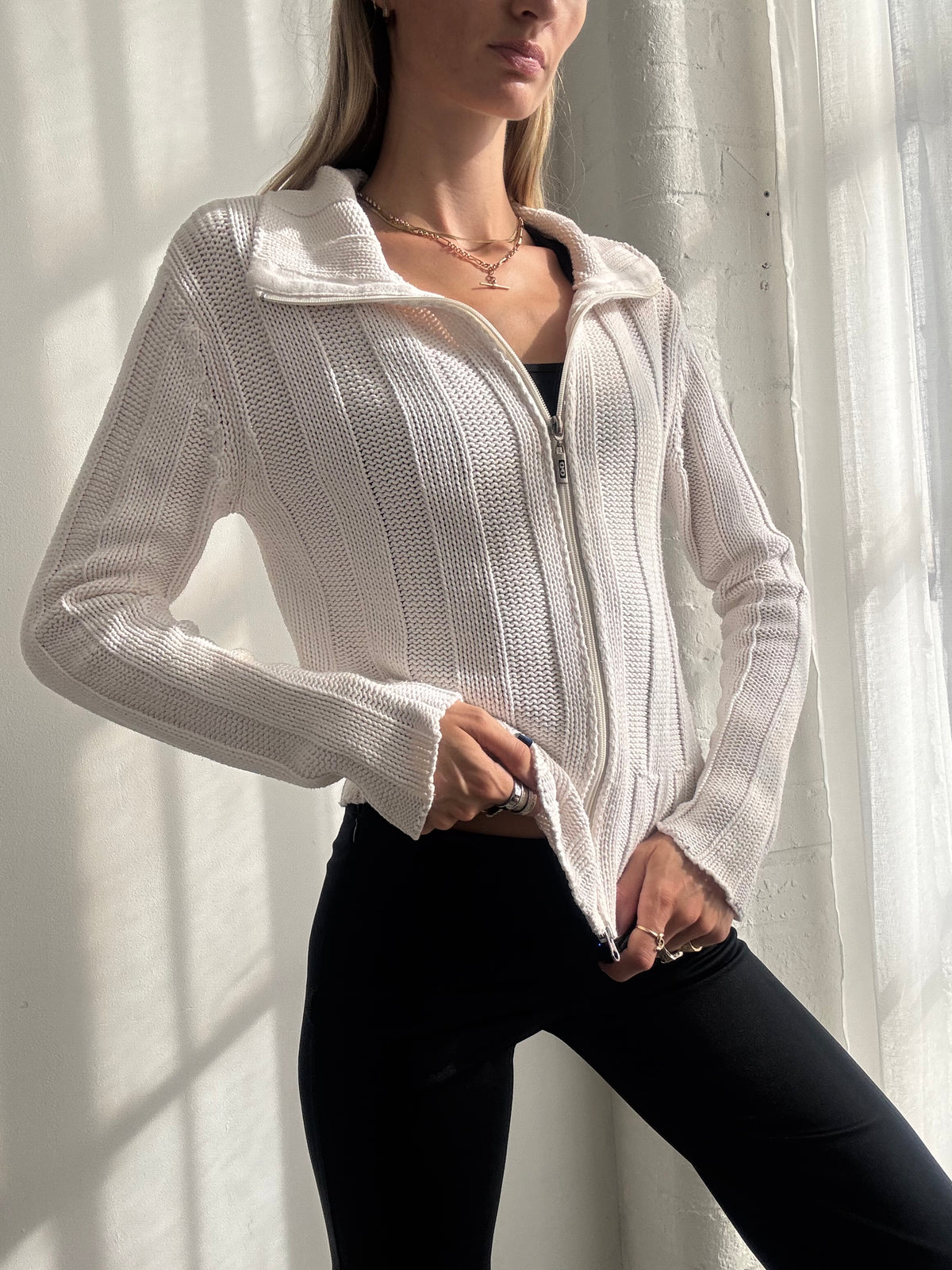 Vintage Y2K White Knit Dual Zip Up Cardigan - Size M