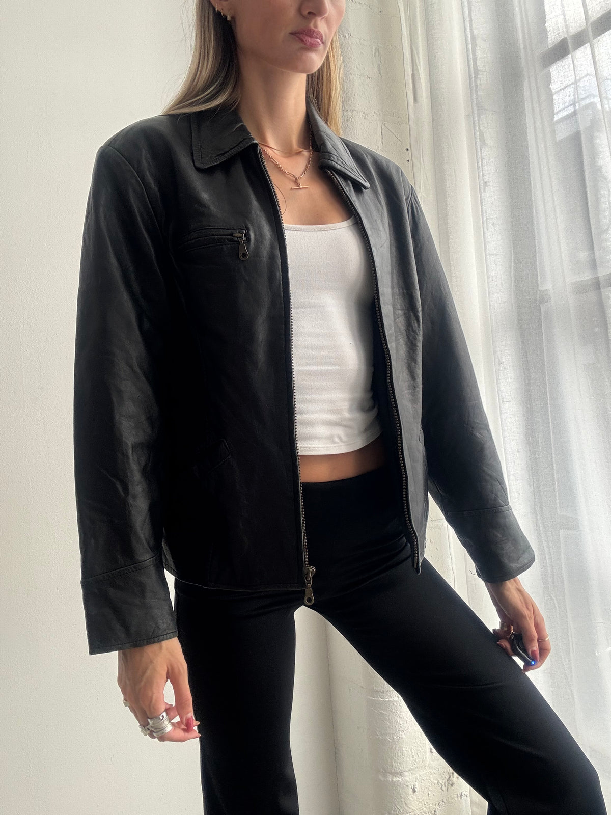 Vintage Y2K Black Leather Zip Up Jacket - Size L