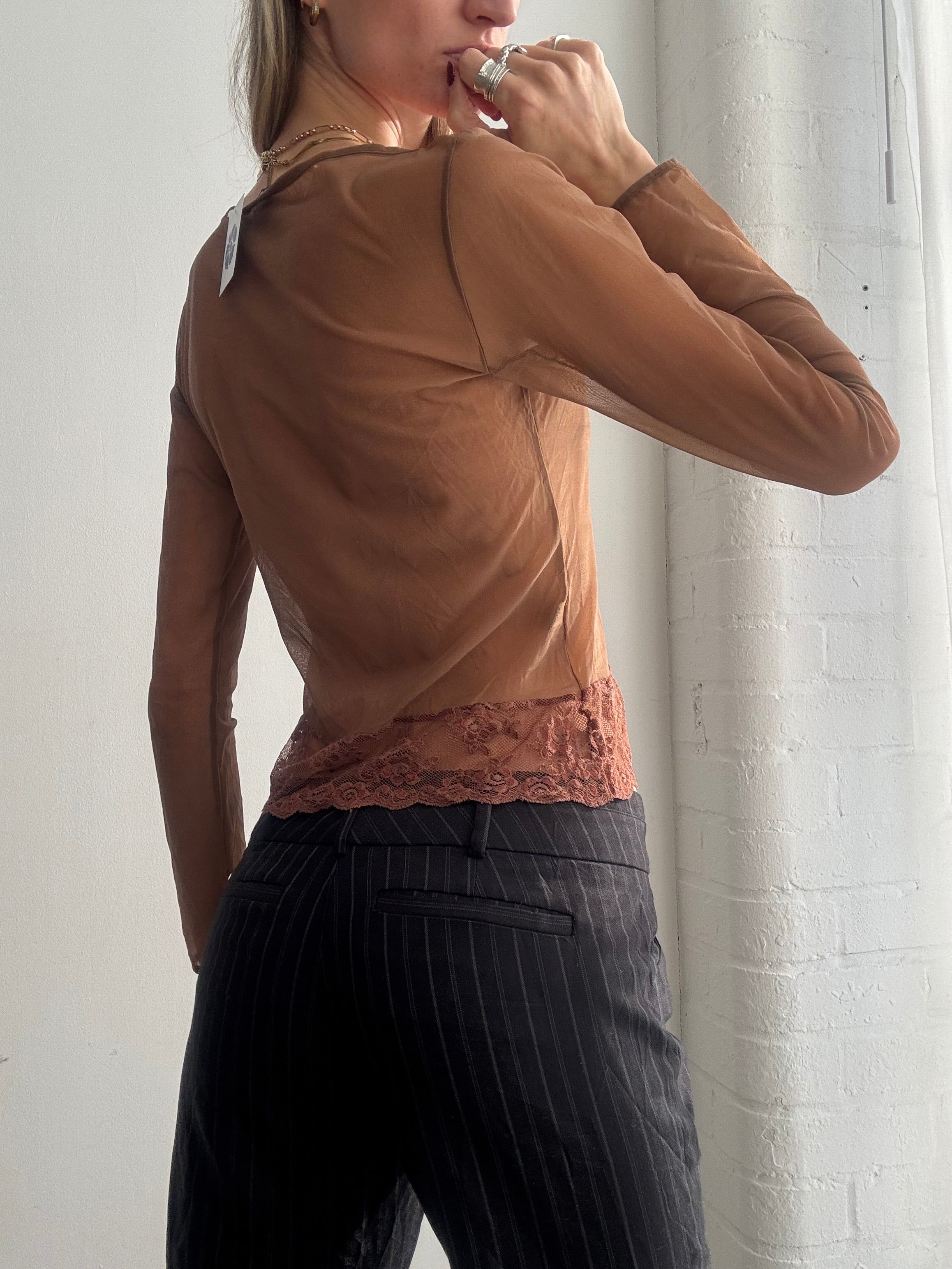 Vintage Y2K brown intimissimi long sleeve mesh and lace top