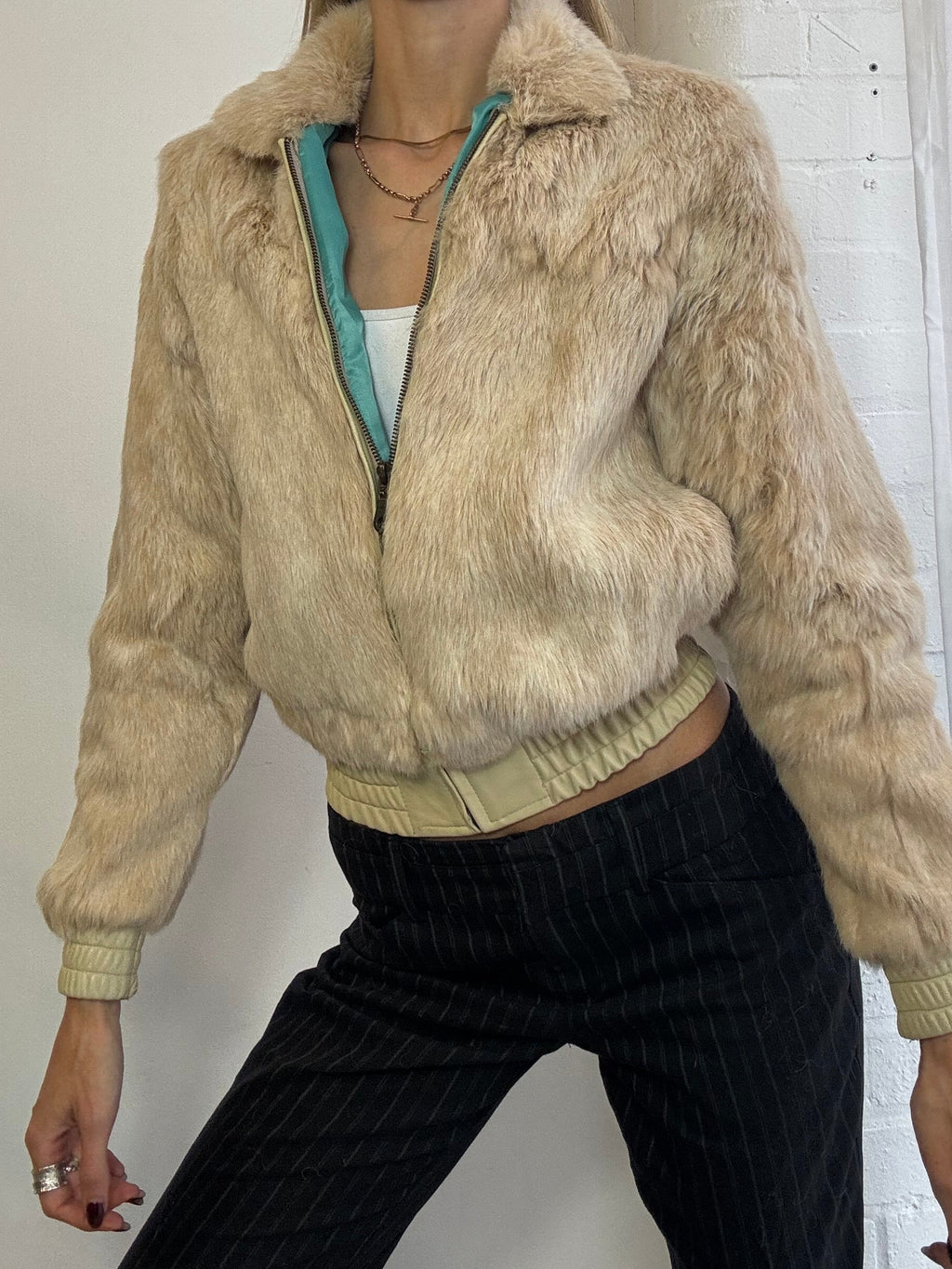 Vintage cream genuine fur bomber jacket