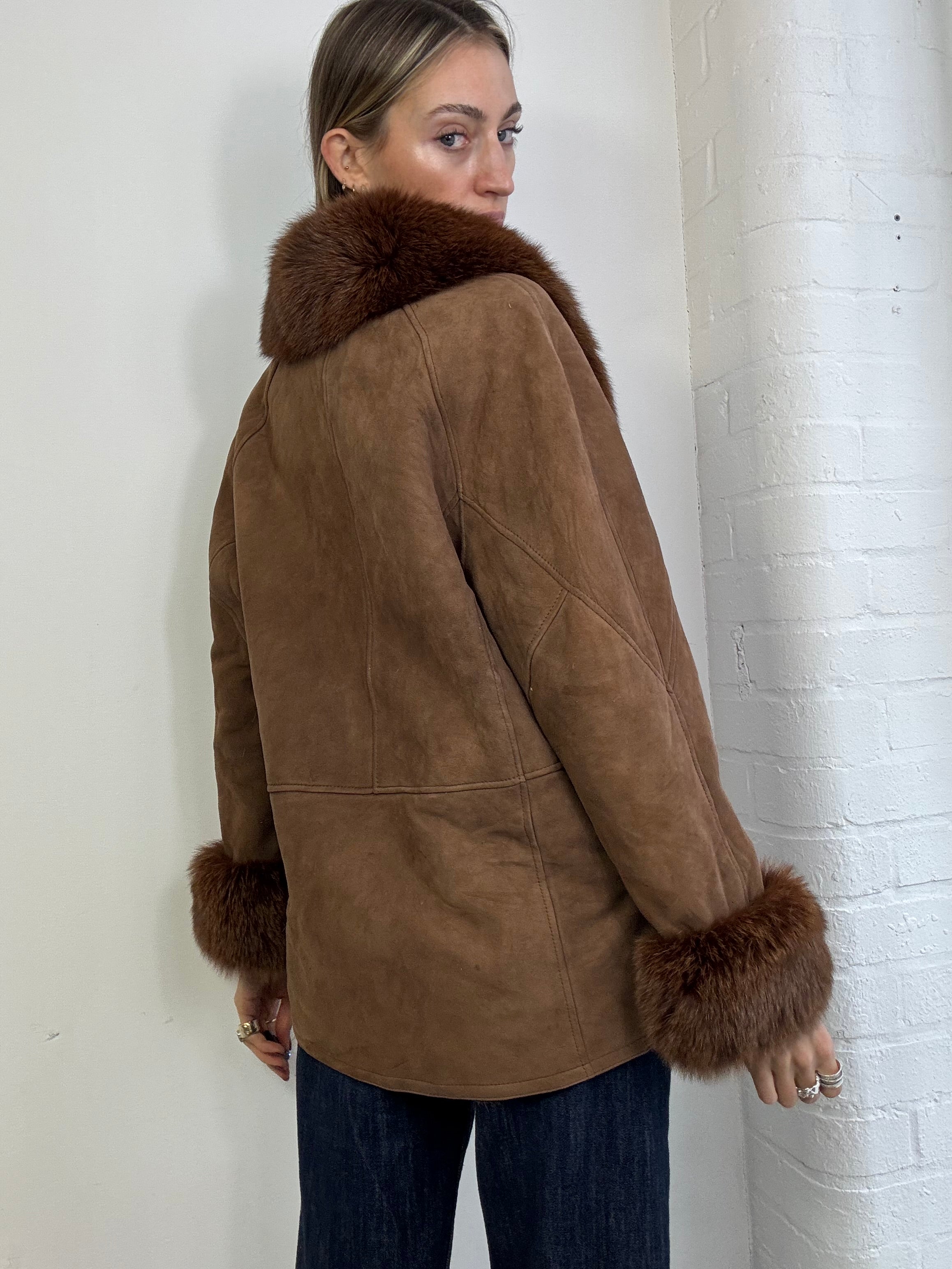 Vintage 90s sheepskin coat with fox fur trim