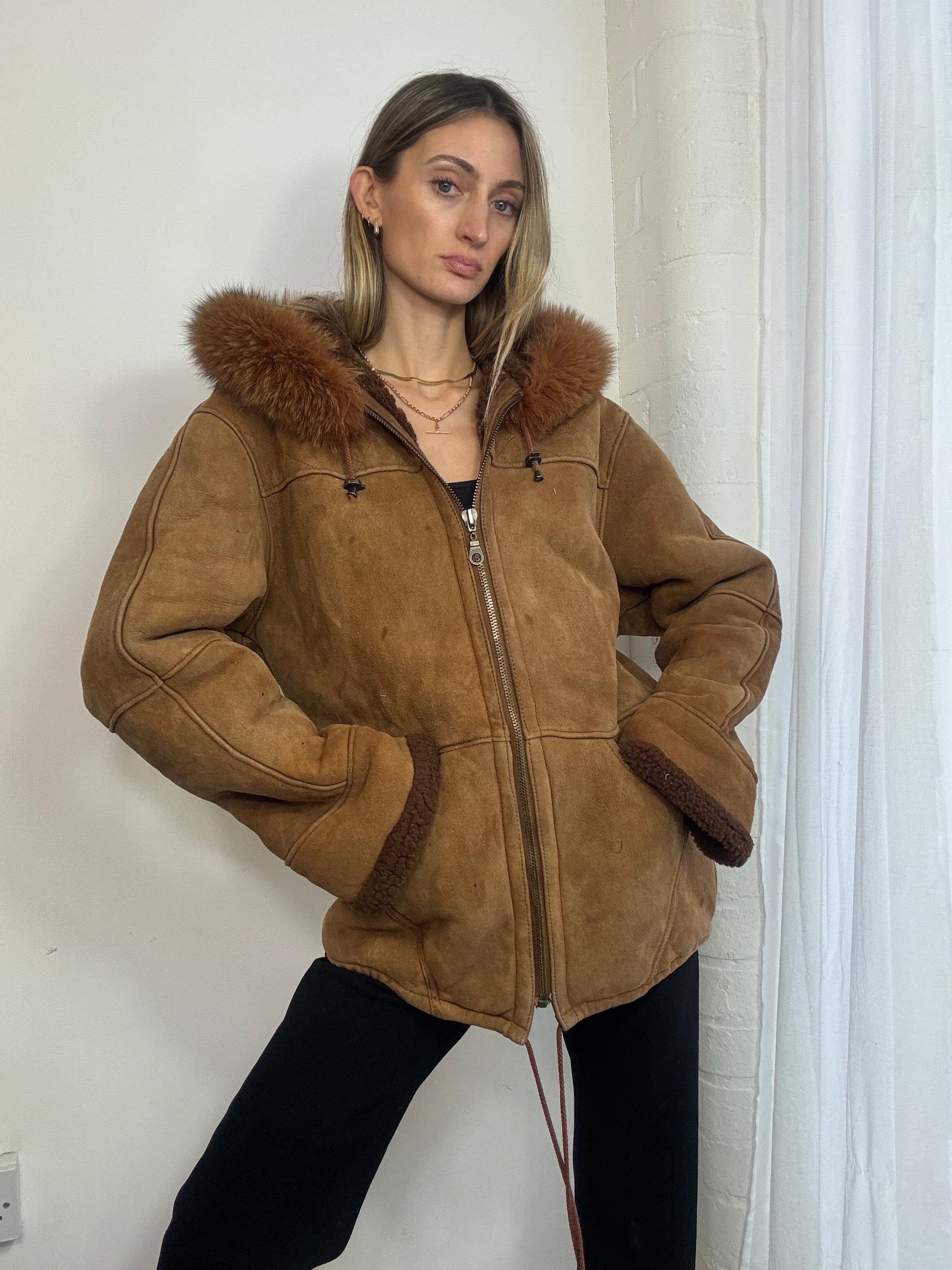 Vintage 90s brown suede hooded coat