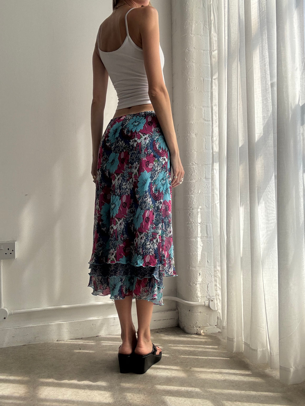 Vintage blue floral mesh midi skirt - Size L