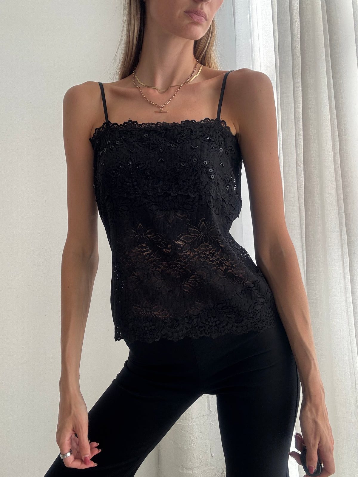 Vintage Y2K Black Lace Sequin Cami Top - Size M
