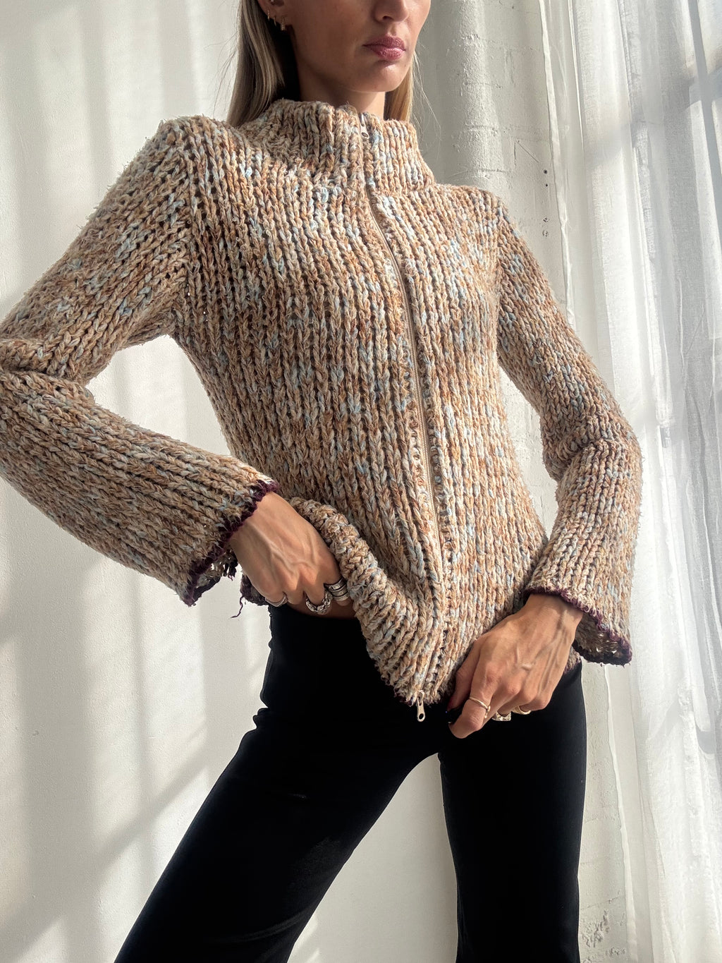 Vintage Y2K Multicolour Textured Knit Dual Zip Up Cardigan - Size M