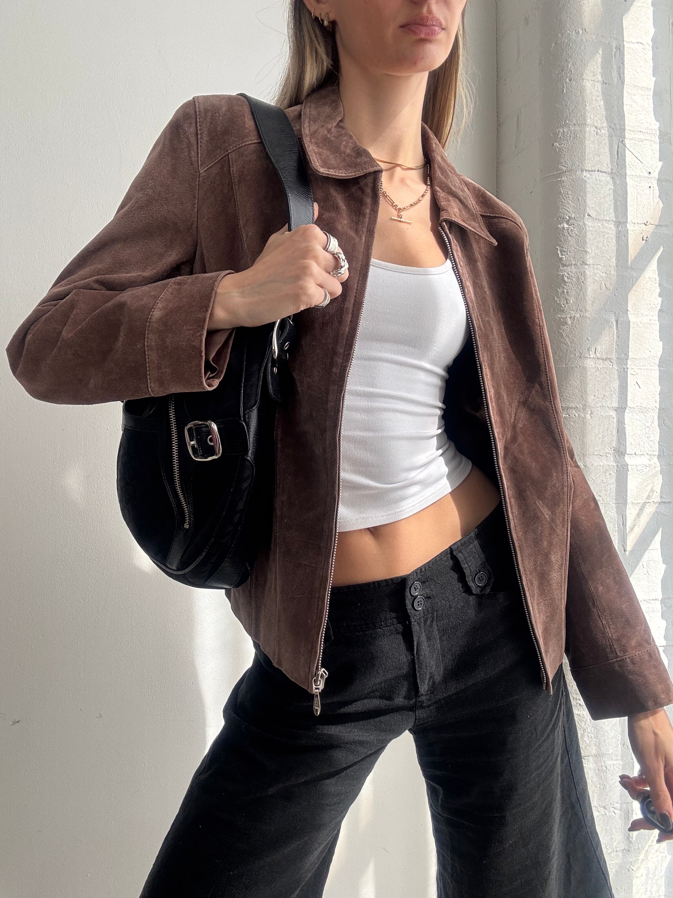 Vintage Y2K brown suede leather jacket - Size M