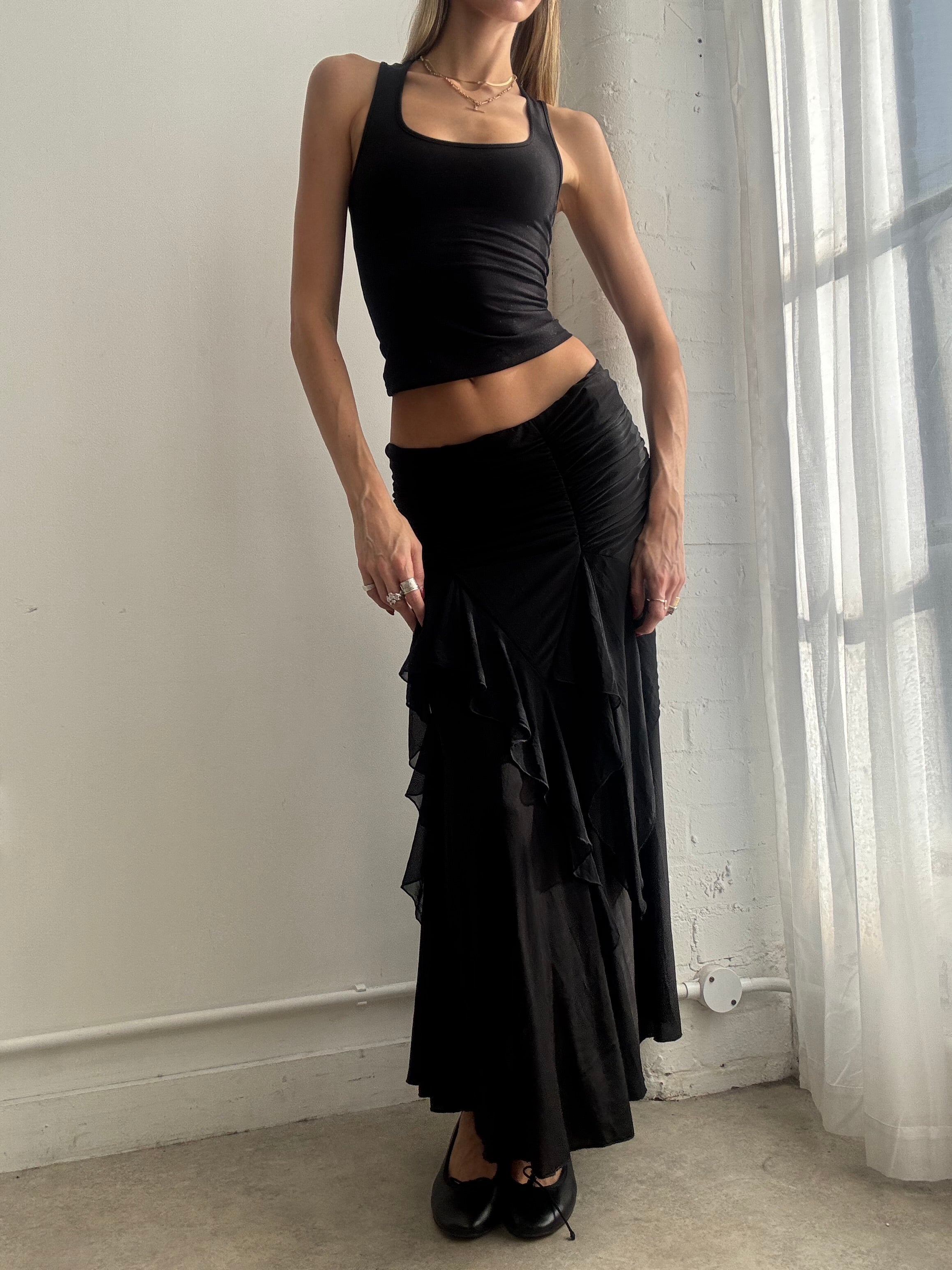 Vintage Y2K black ruched slinky maxi skirt