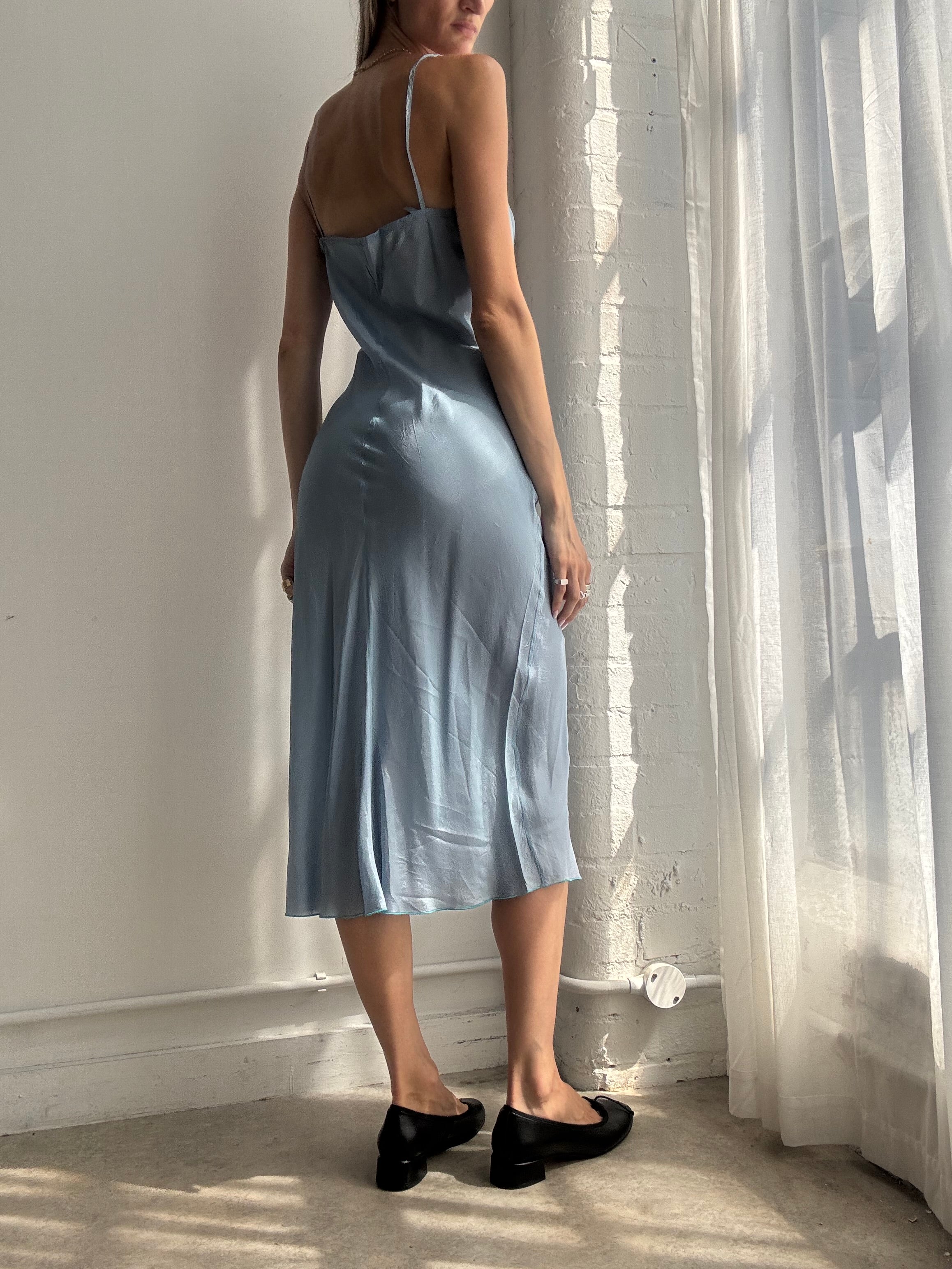 Vintage Y2K Ice Blue Satin Slip Dress - Size S