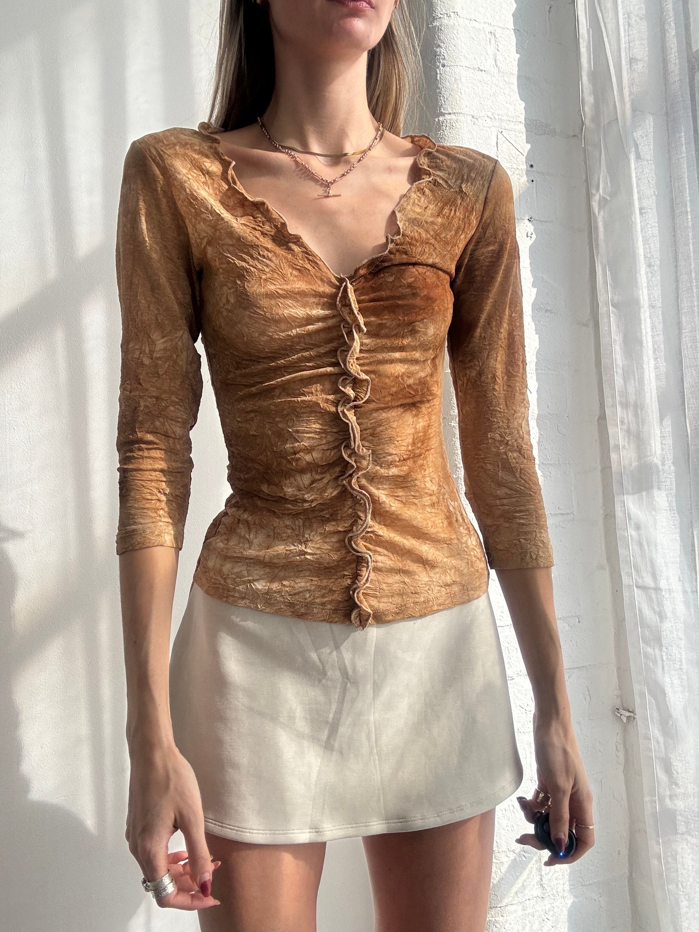 Vintage Y2K brown ruched ruffle mesh long sleeve top