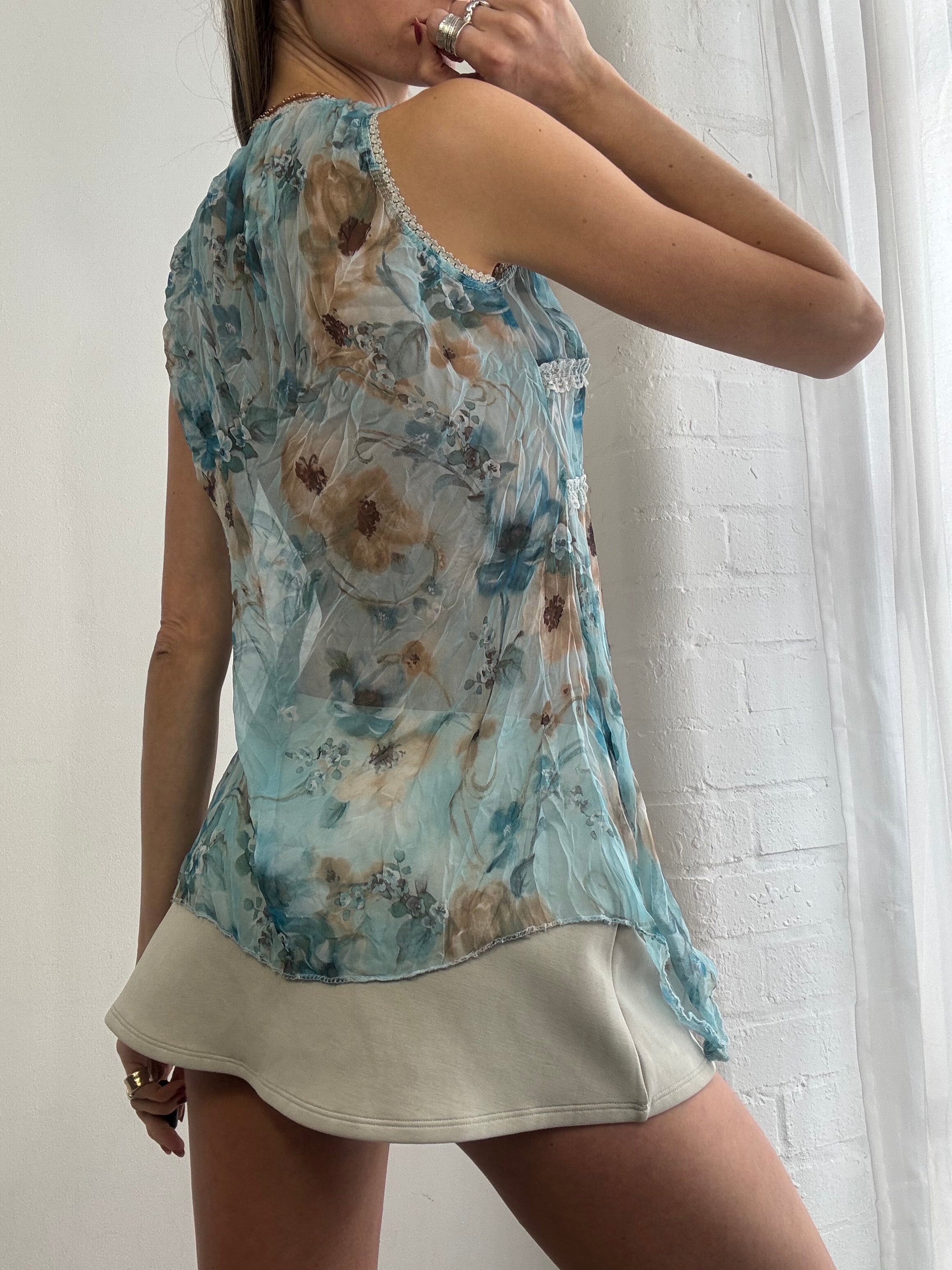 Vintage Y2K sheer floral chiffon top blue