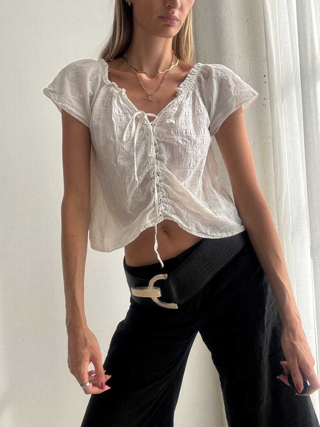 Vintage Y2K White Ruched Romantic Cotton Blouse - Size S