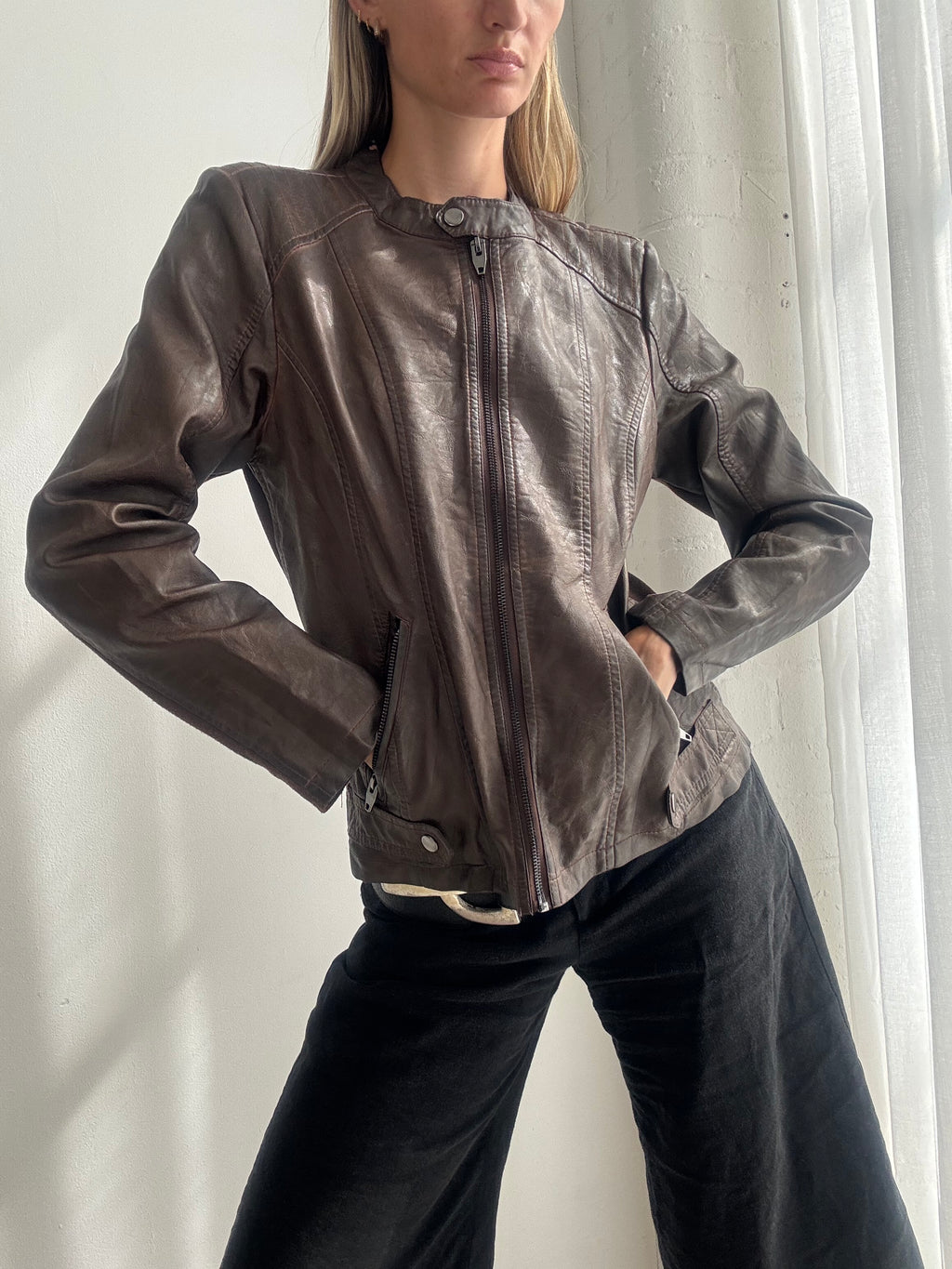 Vintage Y2K Chocolate Brown Faux Leather Biker Jacket - Size M