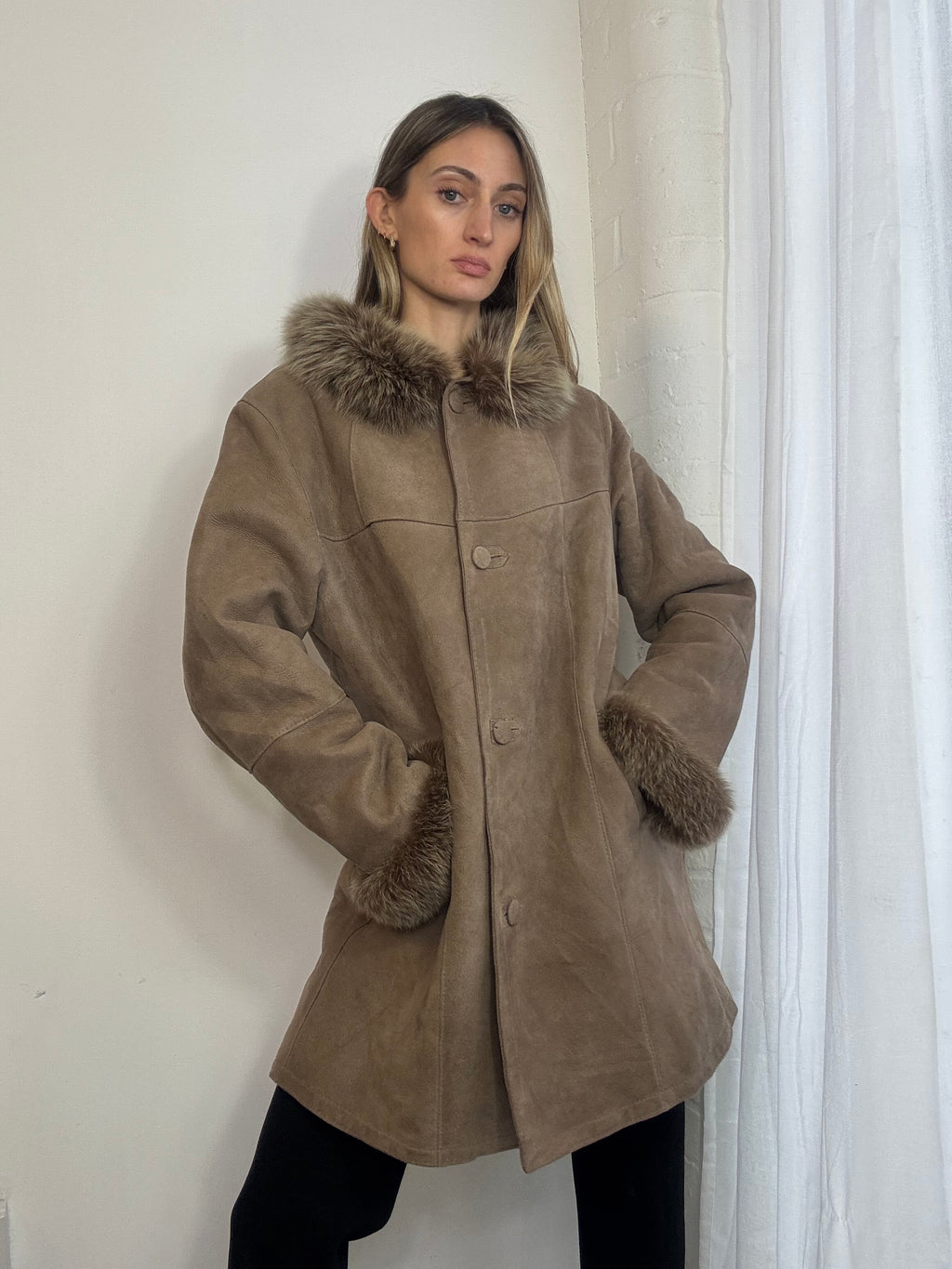 Vintage long suede button up coat fur trim