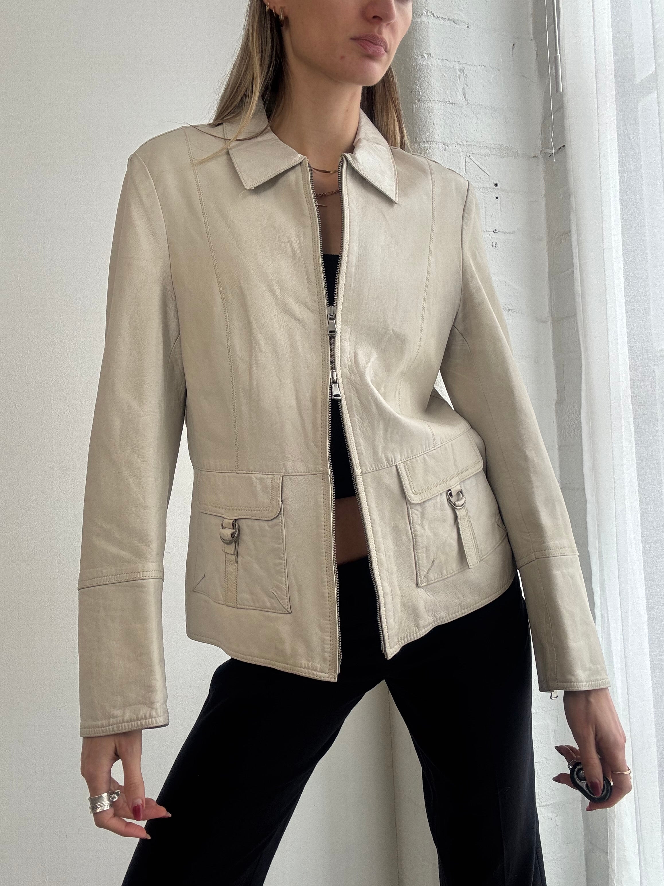 Vintage Y2K cream leather zip jacket