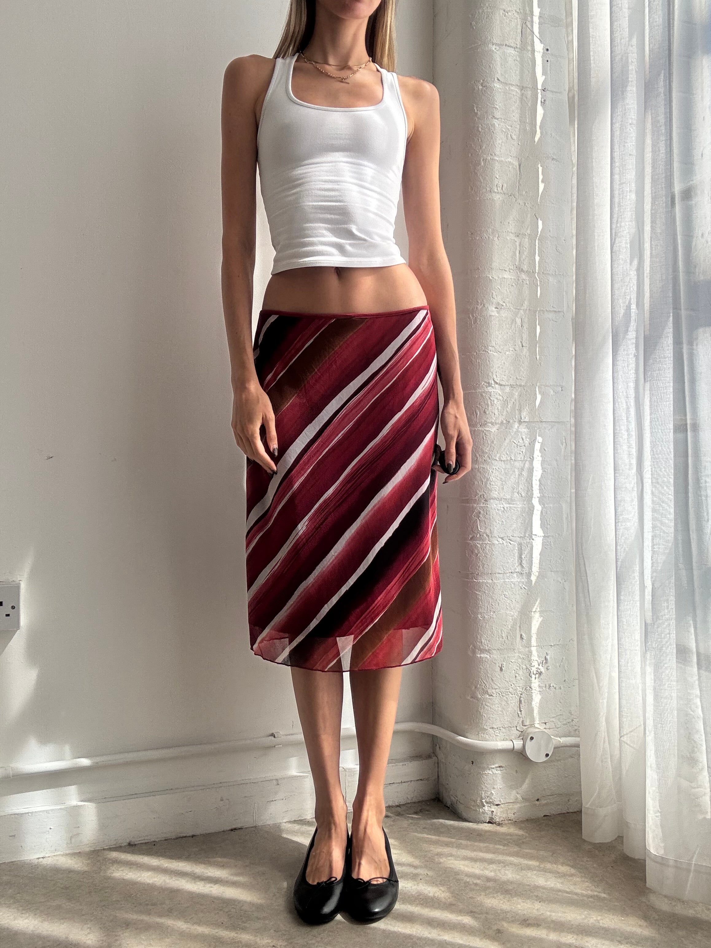 Vintage Y2K burgundy striped mesh midi skirt - Size S/M